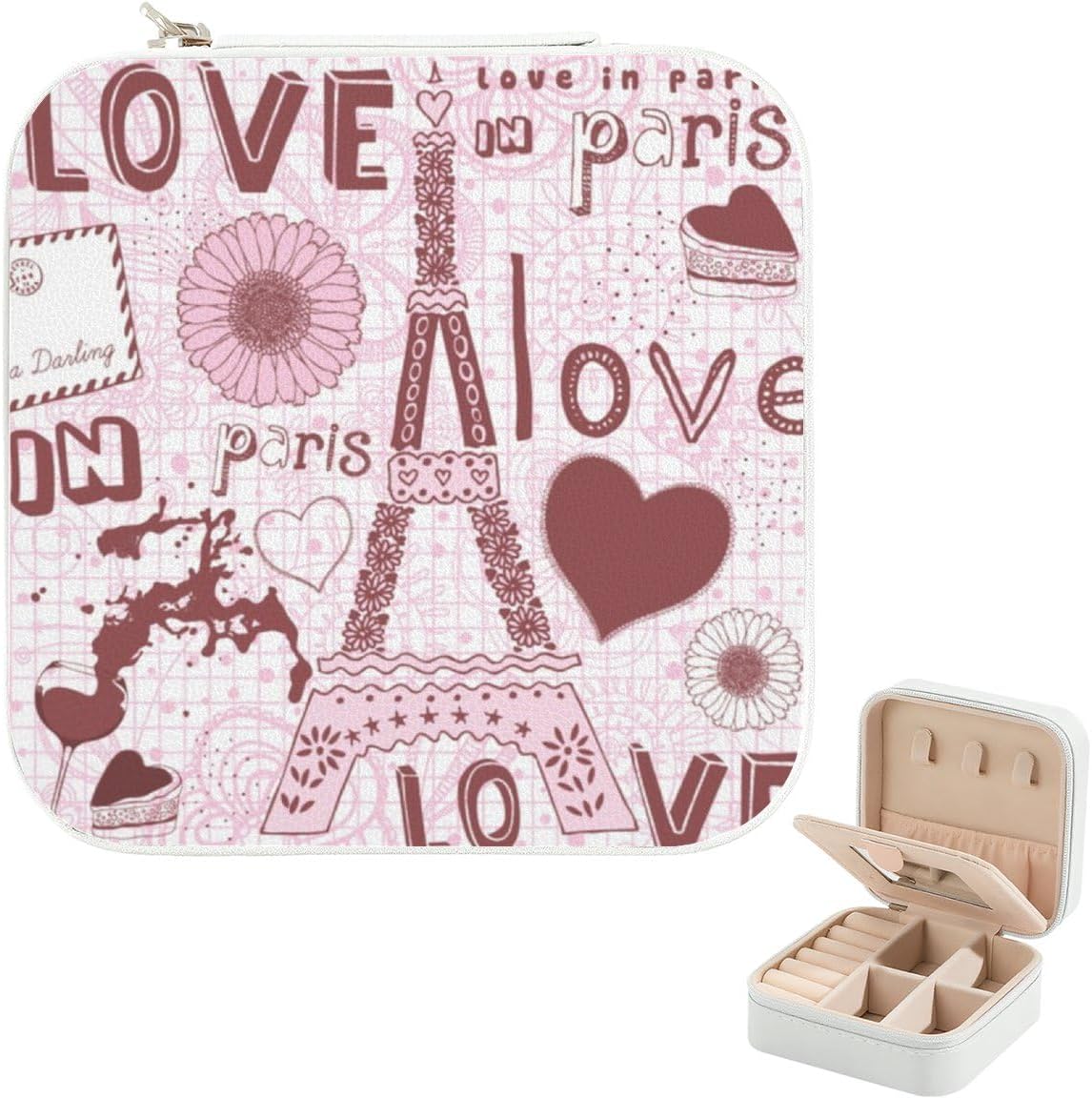 Jewelry Gifts For Women, Love In Paris Pink Grid Jewelry Box, Travel Storage, Earring Holder Organizer, Pu Leather Small Organizer, Weddings Craft Gifts For Women Gift Box