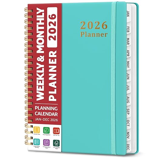 2026 Planner, Weekly and Monthly Calendar Planner, January 2026 - December 2026, Hardcover 2026 Calendar Planner Book with Tabs For Women & Men, Inner Pocket, Spiral Bound, Perfect for Office Home School Supplies - A5 (6.3" x 8.5"), Aquamarine