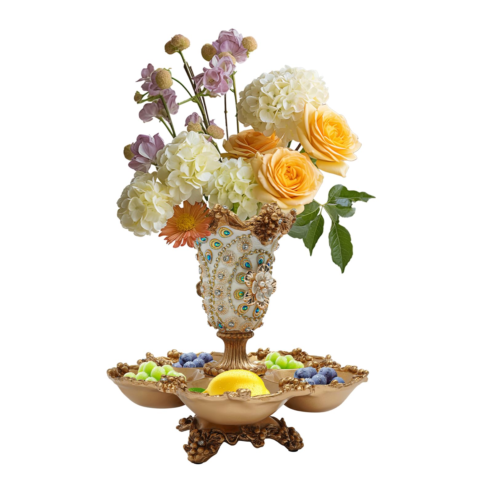 Kreiaoer 2-Tier Fruit Basket with 5 Compartment, Decorative Resin Snack and Candy Holder, Elegant Golden Fruit Basket with Relief, Countertop Fruit