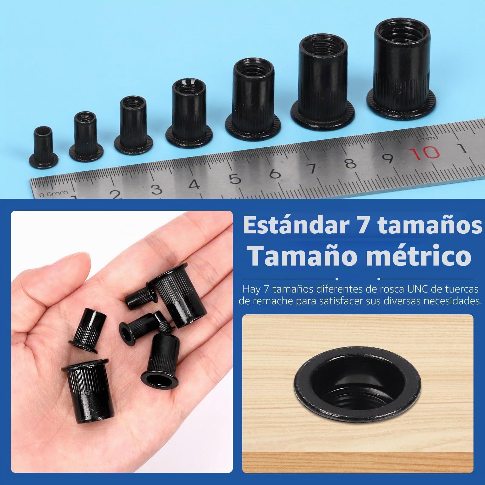 Glarks Kit de Tuerca de Remachado M3-M12 Cabeza Plana Acero Inoxidable Galvanizado Negro 320 Piezas