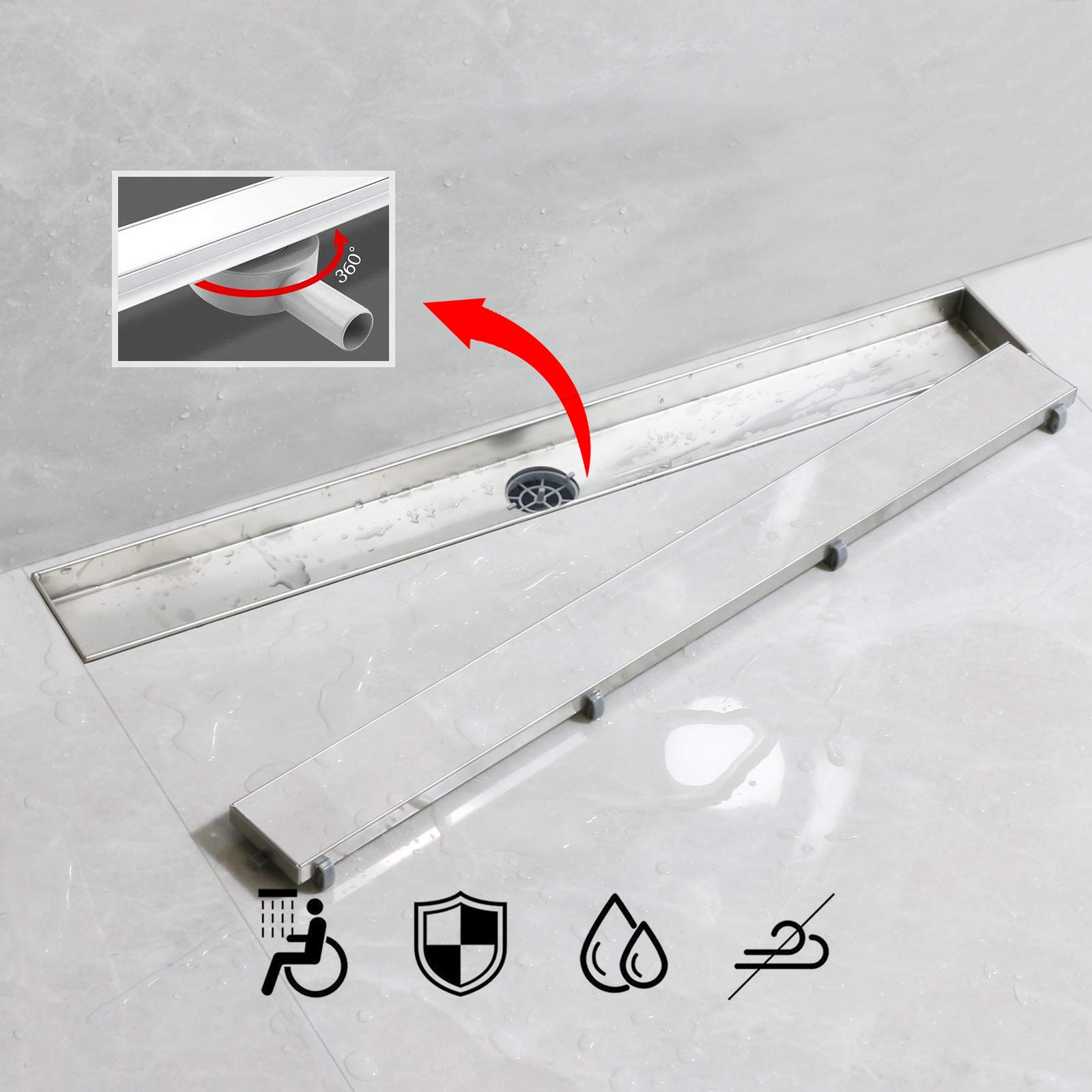 SaniteModar Caniveau Douche Italienne 50 cm, Panneau 2 en 1, avec 360° Siphon et Filtre