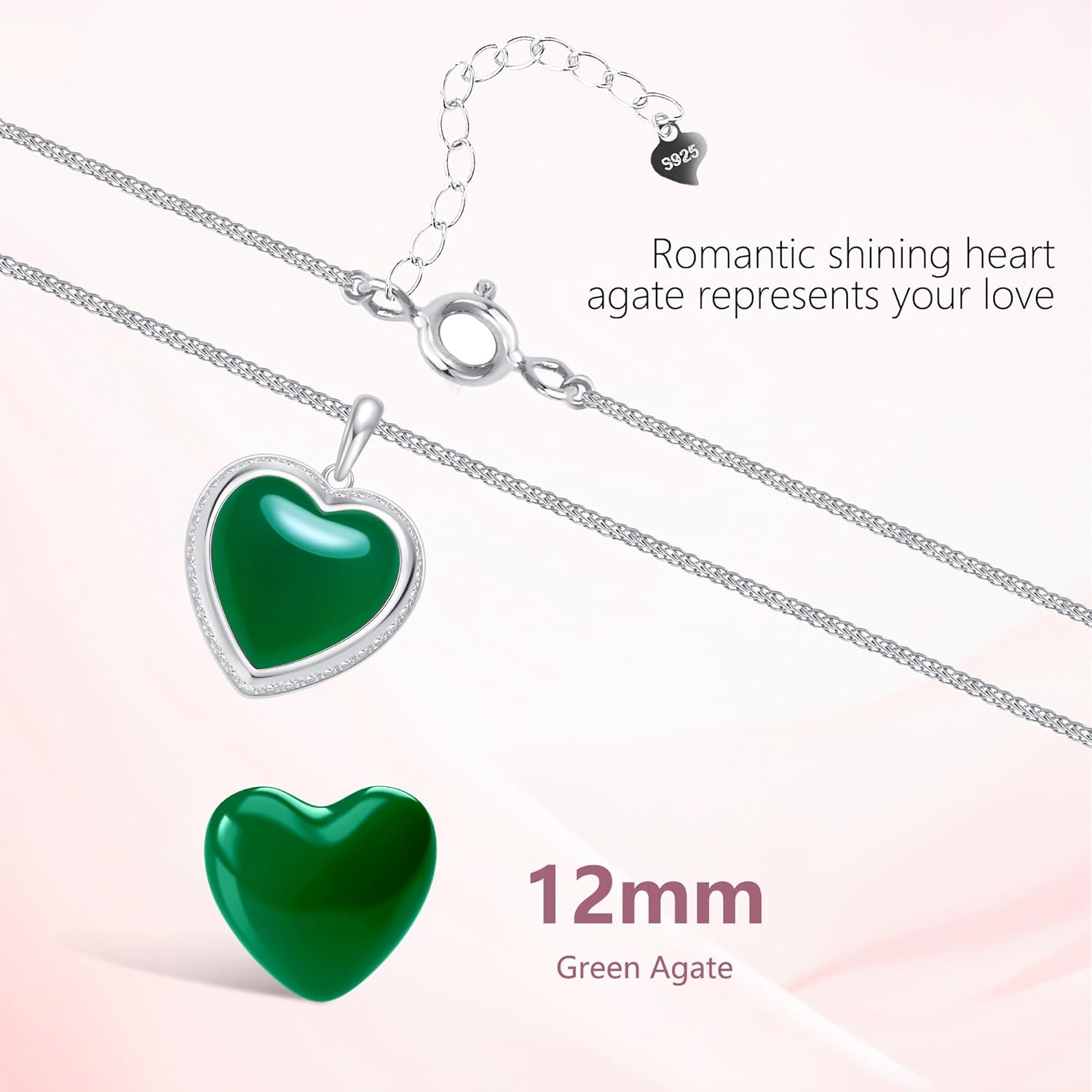 Heart Pendant Necklace for Women S925 Sterling Silver Natural Agate Jewelry Gift fo... - Image 7