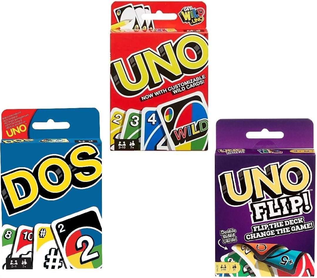 Mattel Uno, Flip and Dos Pack of 3 Combo Card Game