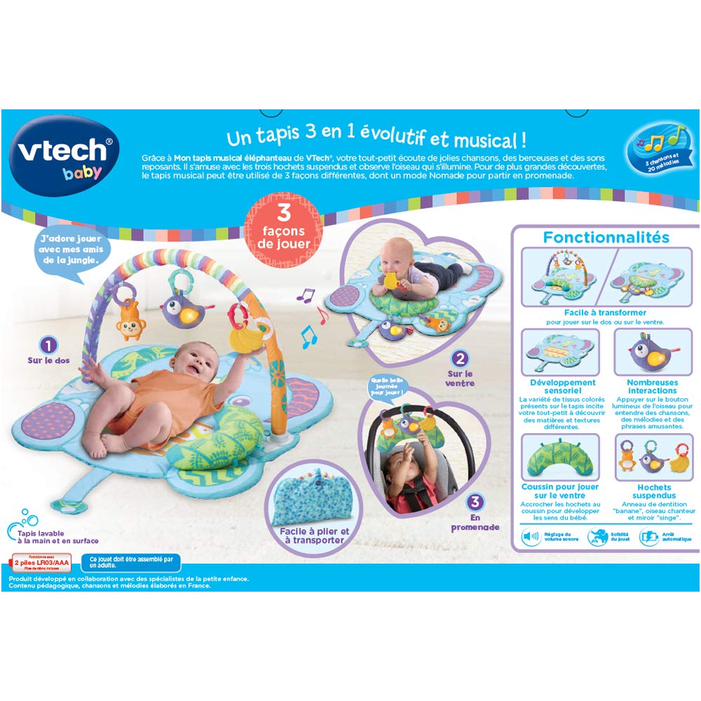 VTech - Alfombra Musical con diseño de elefanto - Alfombra de estimulación evolutiva / 0-3 años - Versión FR