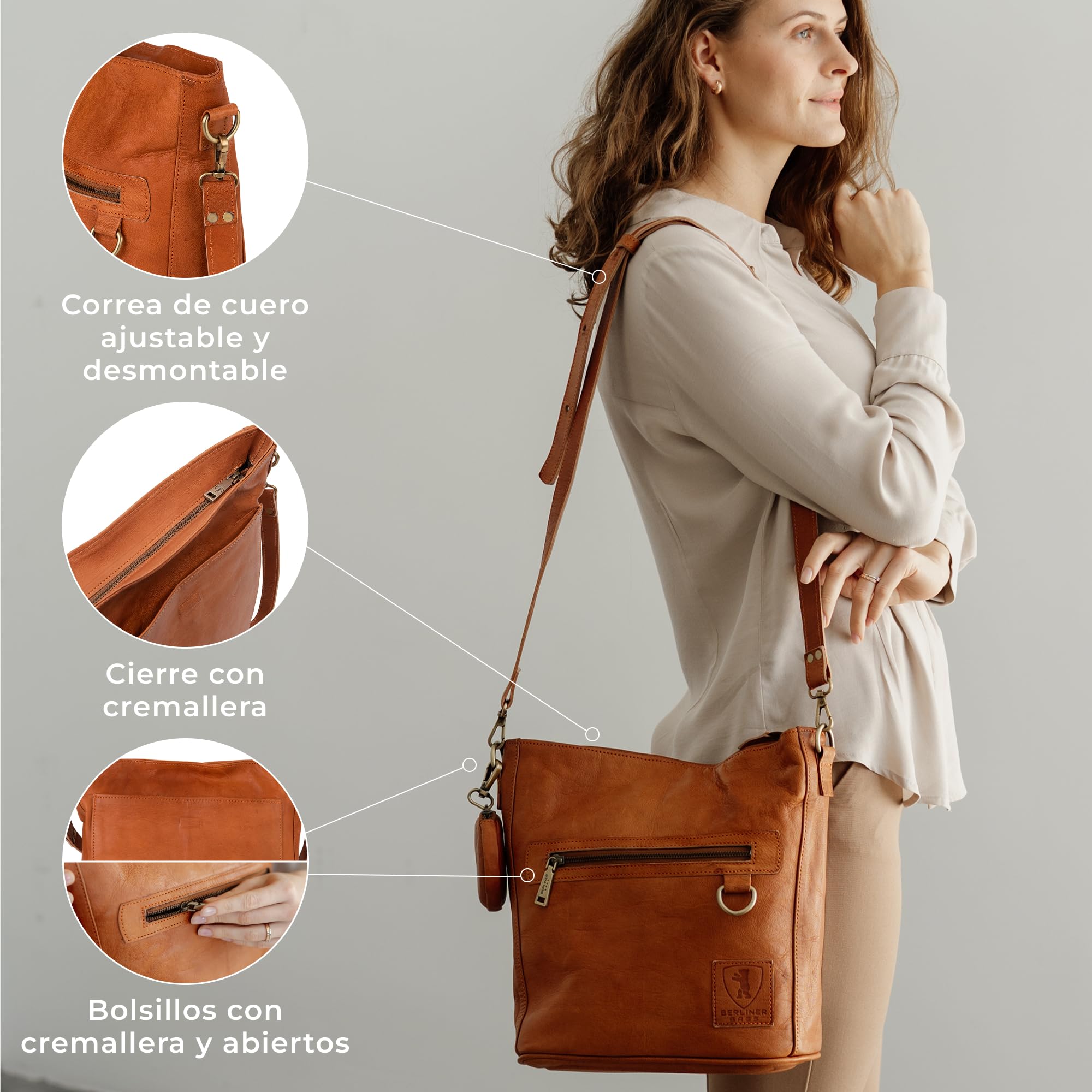 Berliner Bags Siena Bolso Bandolera Hobo Mujer Piel Auténtica Mediano YKK