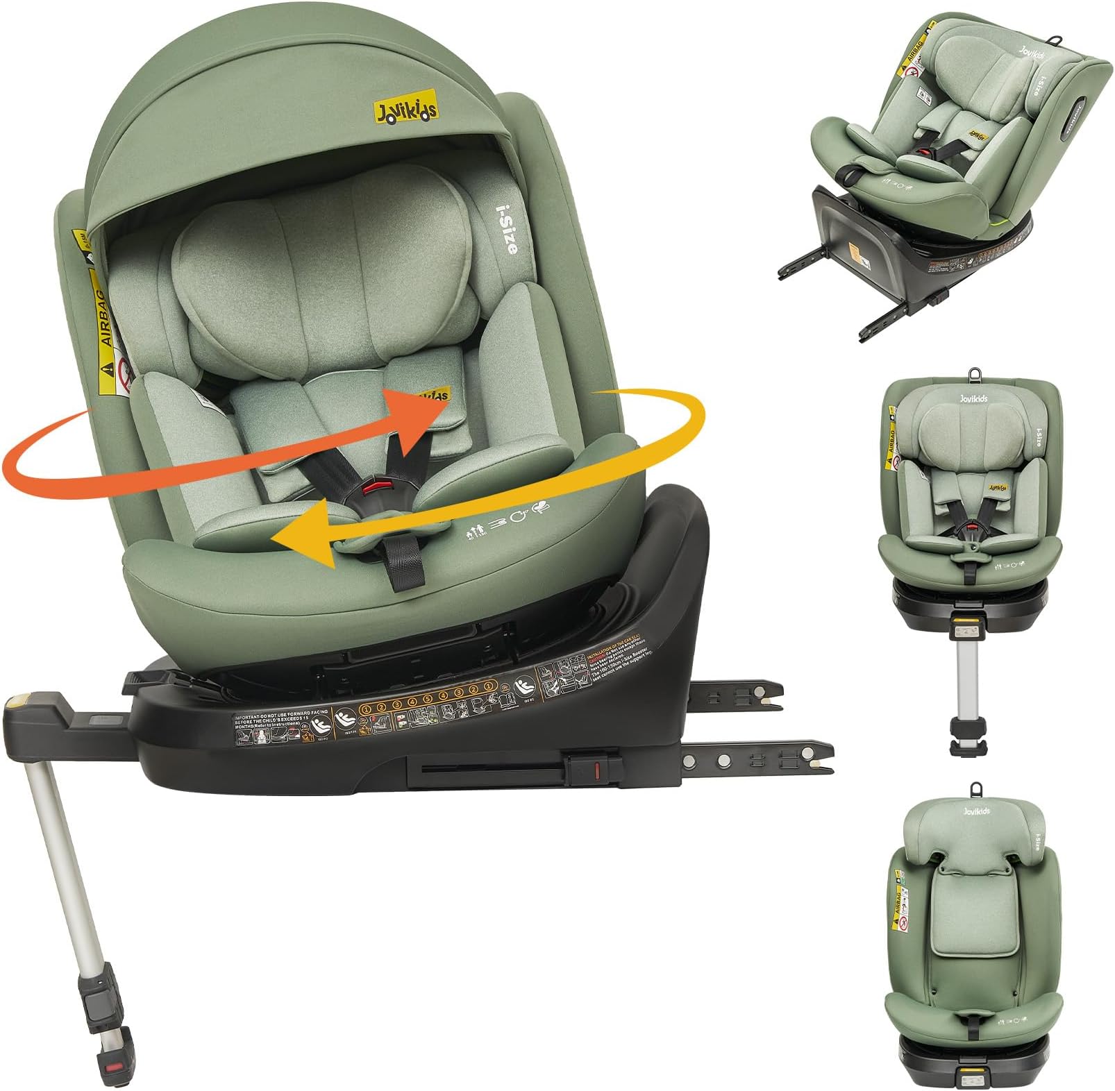 Jovikids Car Seat, i-Size 360 Rotating Car Seat with ISOFIX, Adjustable Headrest, Side Impact Protection for 40-150 cm Toddler, Infant, Child, Position Recline, ERF, 360 Swivel Baby Car Seat (Green)