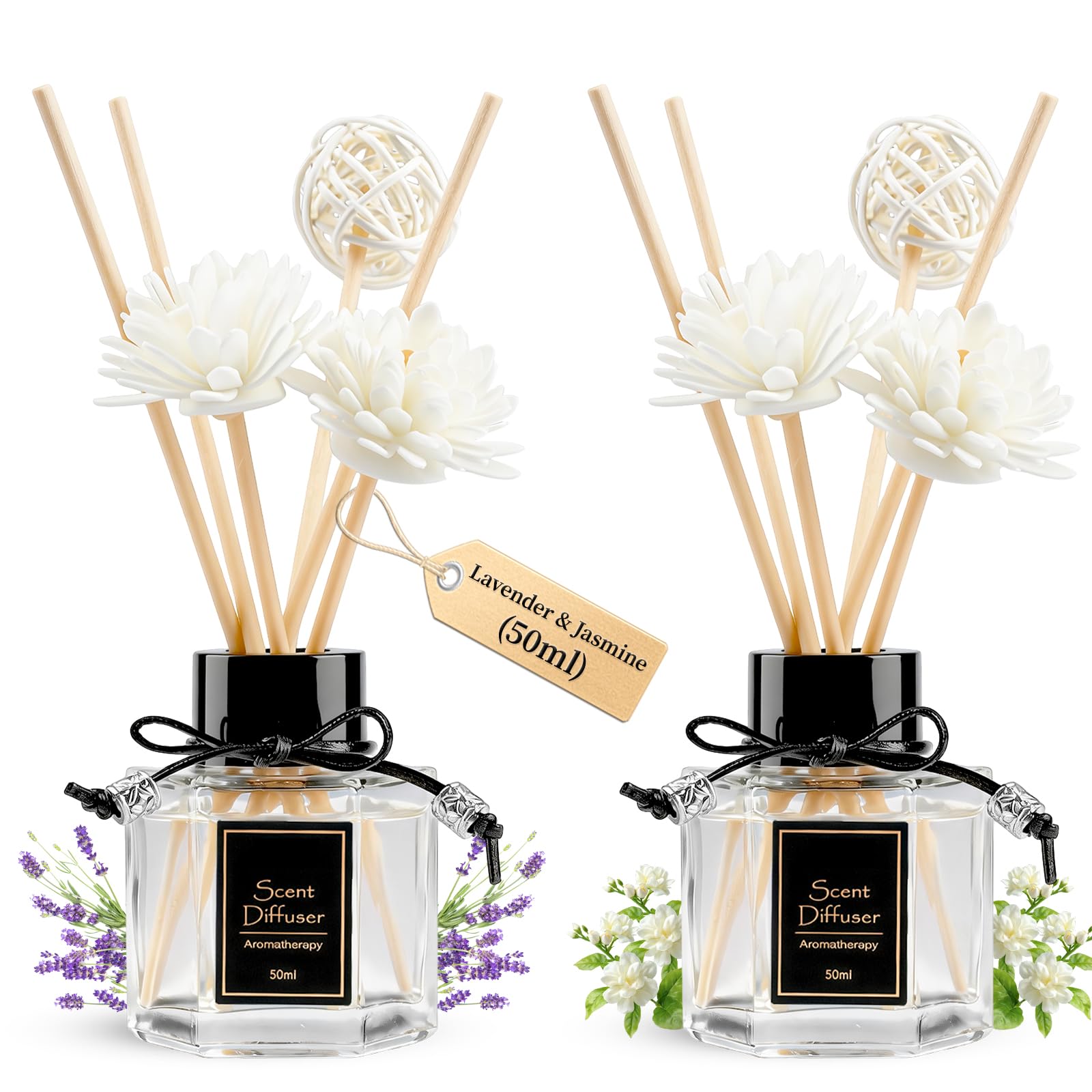 Lavender & Jasmine Reed Diffuser Set of 2 for Bathroom, 50ml Essential Oil Diffuser Sticks | Home Air Freshener Fragrance with 6 Reeds for Diffuser | Smell Good for Home Shelf Decor