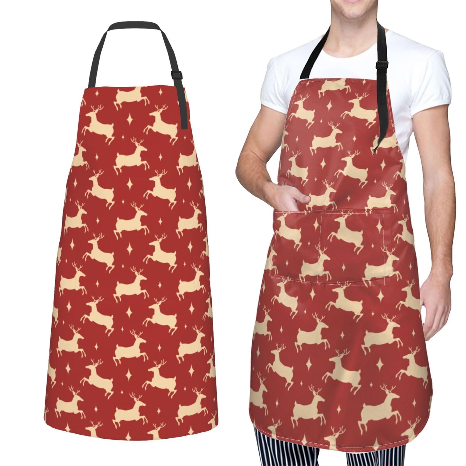 itin Kitchen Apron for Women with Pockets, Waterproof Golden Moose Red Print Adjustable Men Aprons for Cooking Baking Painting Gardening