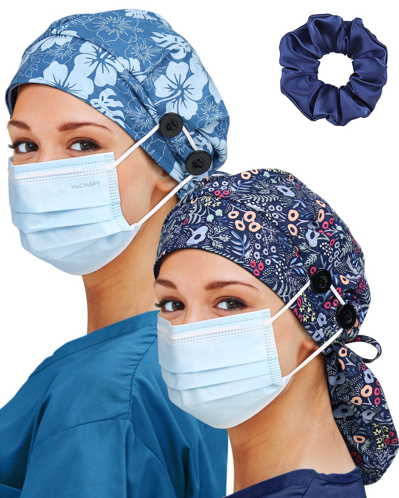 Satin Lined Scrub Cap for Women Extra Large Long Hair Surgical Nurse Cap 4 Buttons