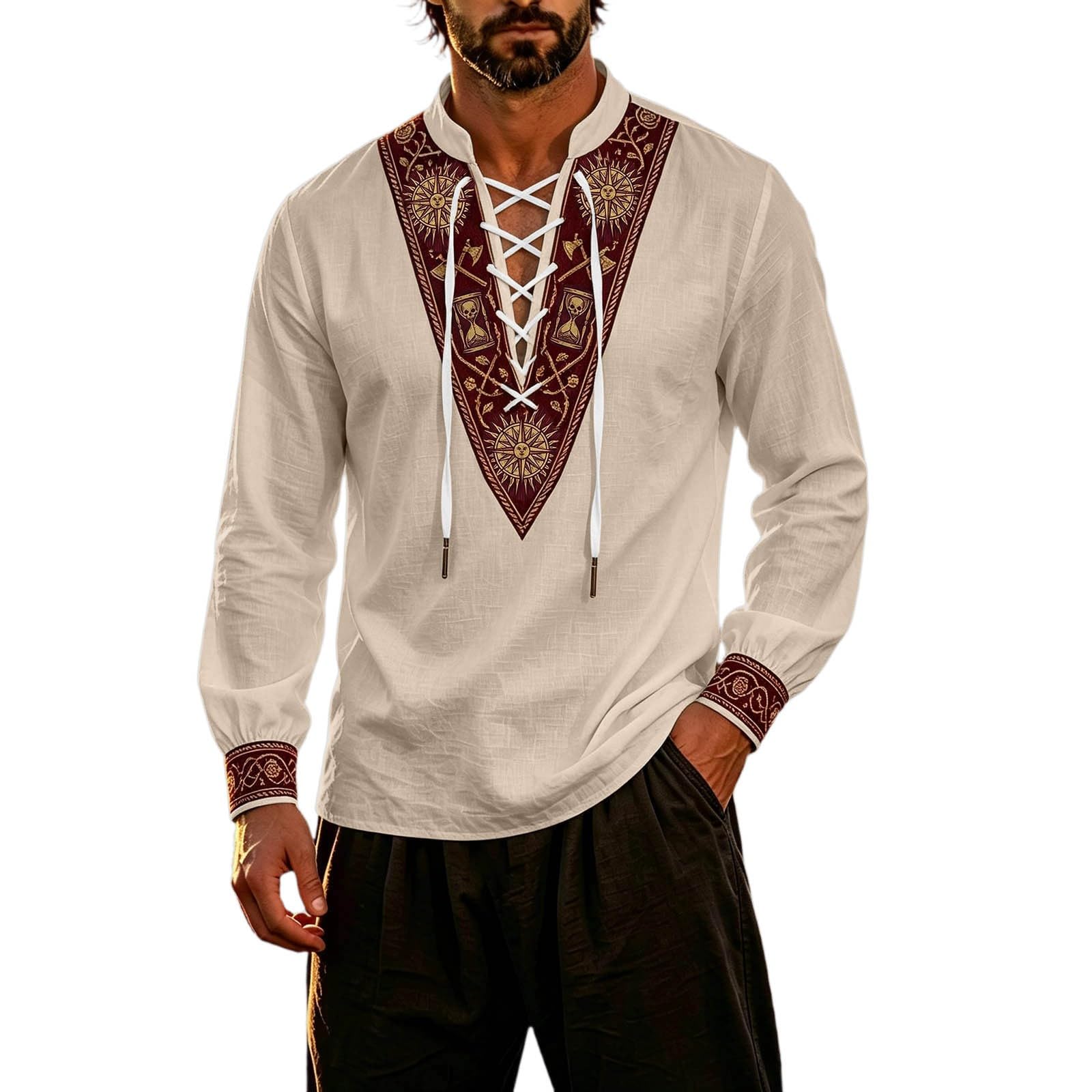 Classic Themed Men's Long Sleeve Shirt for Adventure Nautical Style Top with for Everyday Wear and Cosplay (h-Khaki, XXXL) — image 1
