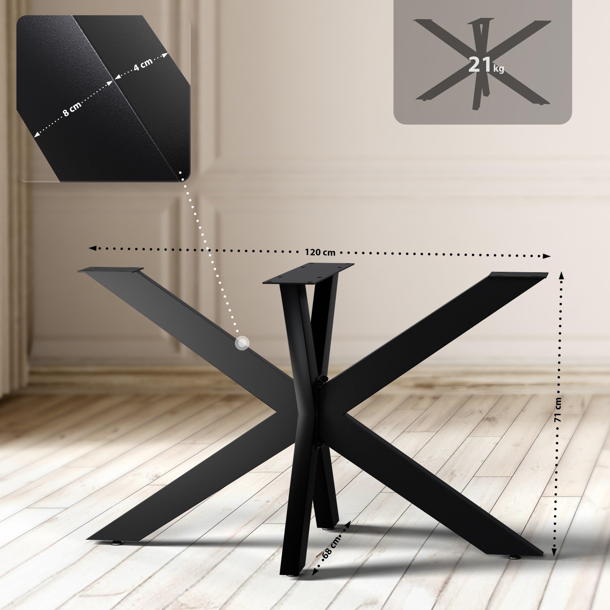 CLP Tischbeine Hardwick I Tischkufen für DIY-Tische mit Höhe 71 cm I Sternförmiges Tischgestell aus pulverbeschichtetem Stahl Farbe schwarz Größe 120x68x71 cm