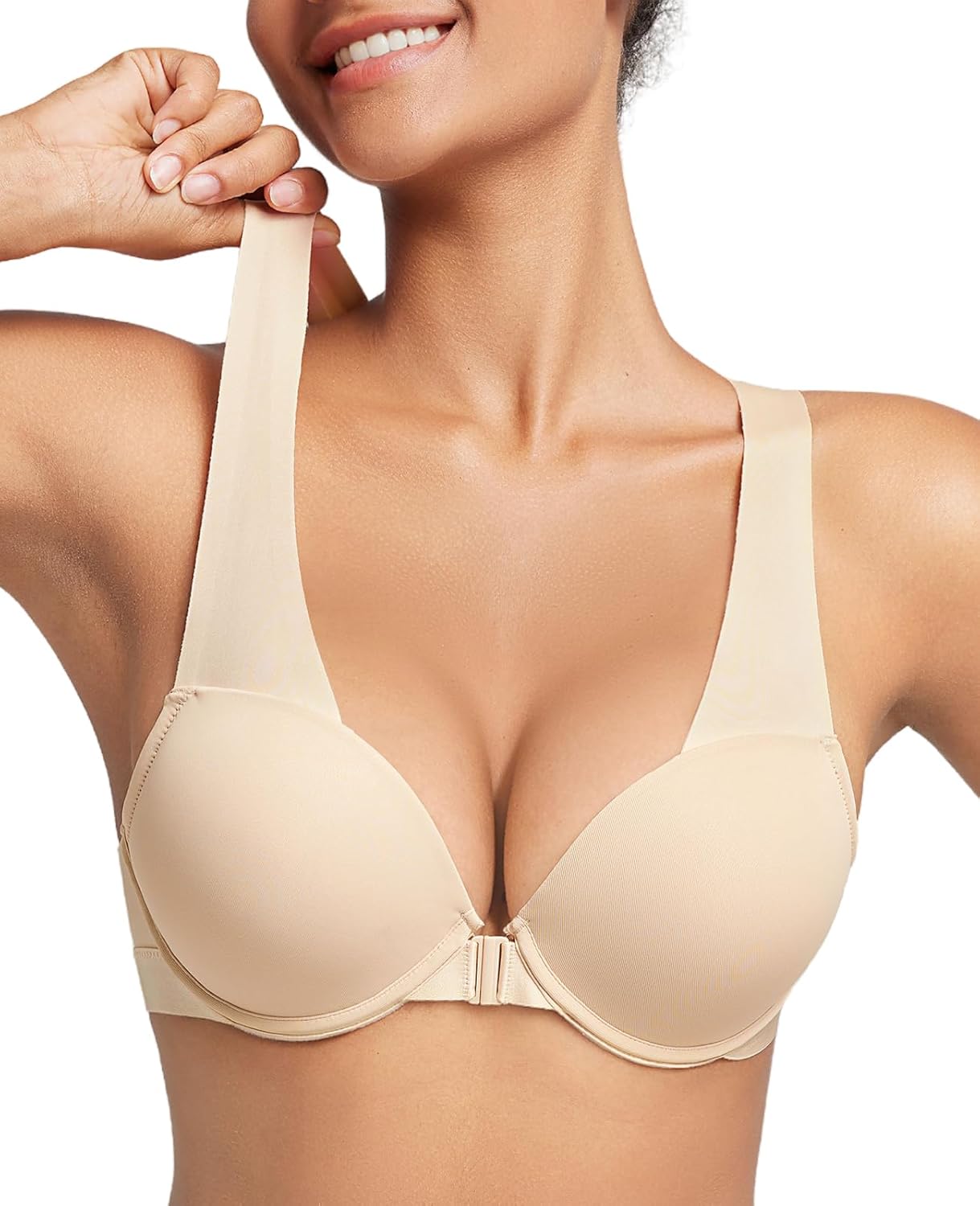 Padded Push Up Bras for Women Racerback Front Closure Plunge Bra Underwire Support Add 2 Cup Nude 44A