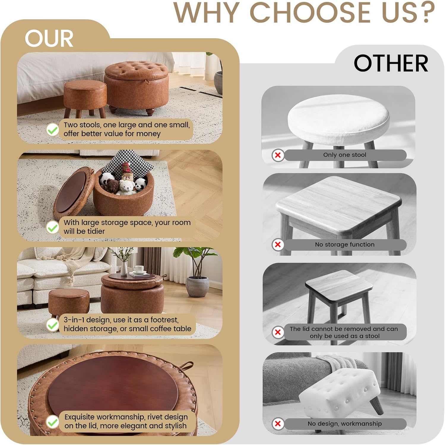 24Inch Round Storage Ottoman, Set of 2, Modern PU Leather Coffee Table with Removable Top, Upholstered Ottoman with Storage Footrest Stool for Living Room, Bedroom (Brown) - Image 5