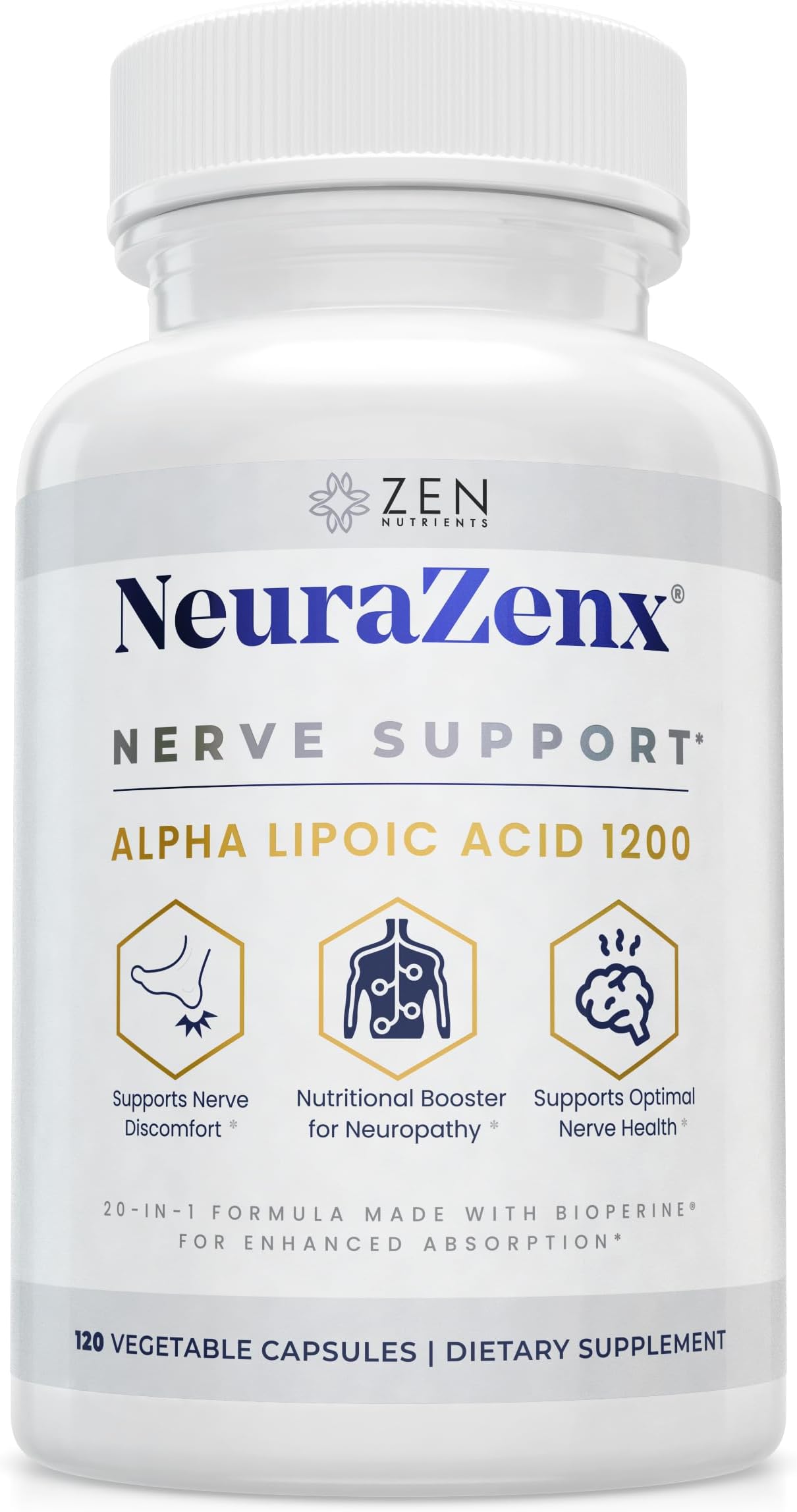 NeuraZenX Nerve Support & Peripheral Neuropathy Support Supplement with 1200mg Alpha Lipoic Acid (ALA), Benfotiamine, L-Carnitine, and Turmeric