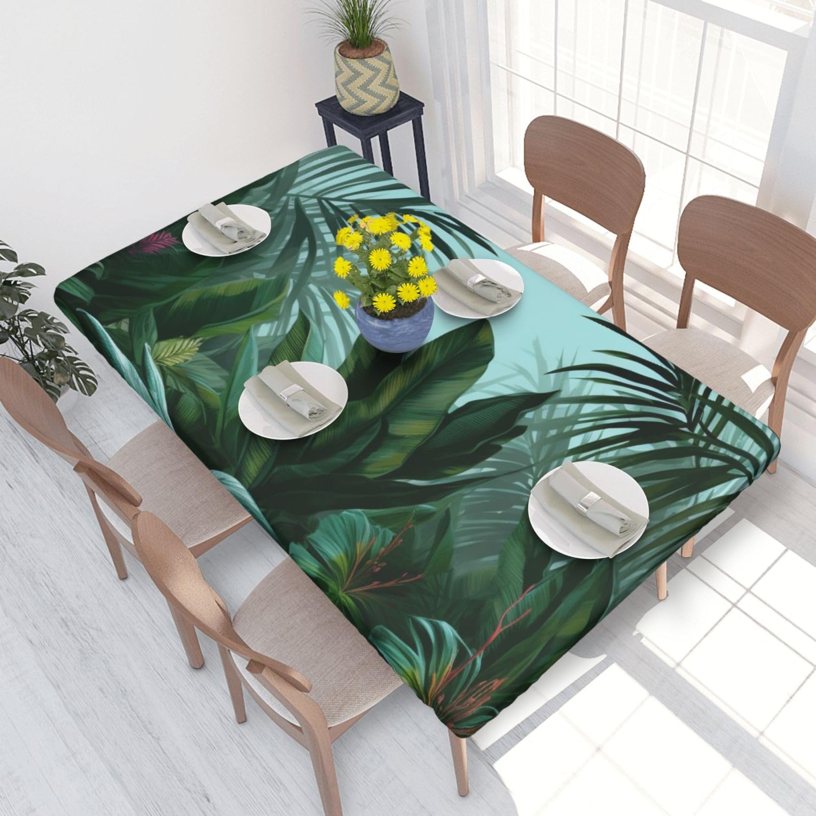 DCARSETCV Green Palm Leaves Printed 4FT Waterproof Tablecloth with Elastic Edged Protect & Decor Your Table, Oil-proof Washable Table Cloth Cover for Dinner Picnic Party