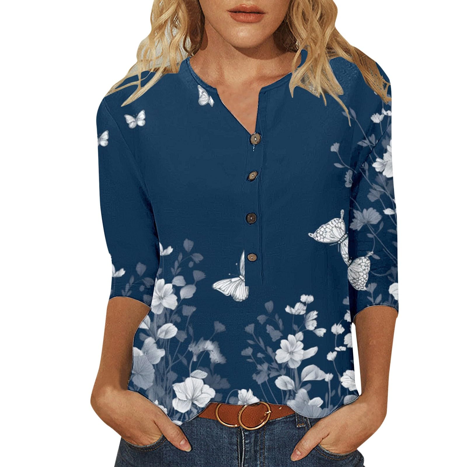 Generic Blusas De Seda Top de Mujer 3/4 Manga Verano Slim Fit Top Cuello Redondo Slim Fit Media Manga Camiseta Primavera Camisa Casual algodón Camiseta Blusas De Seda