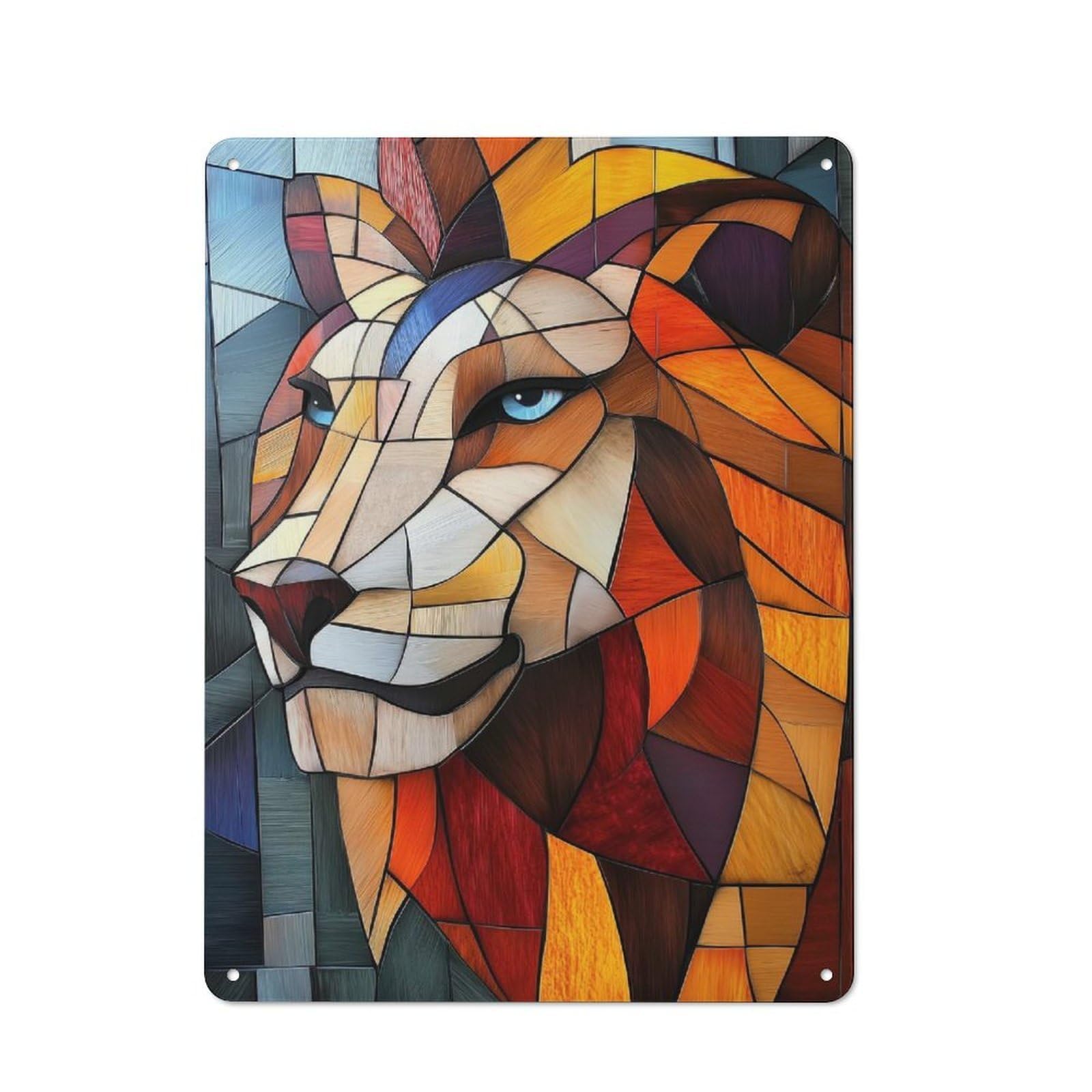 Junmoney Style-22 Stained Glass Lion Rustic Tin Wall Plaque 40X30cm For Hobby Room Or Studio, A Christmas Gift For People Styling Hobby Room And Studio