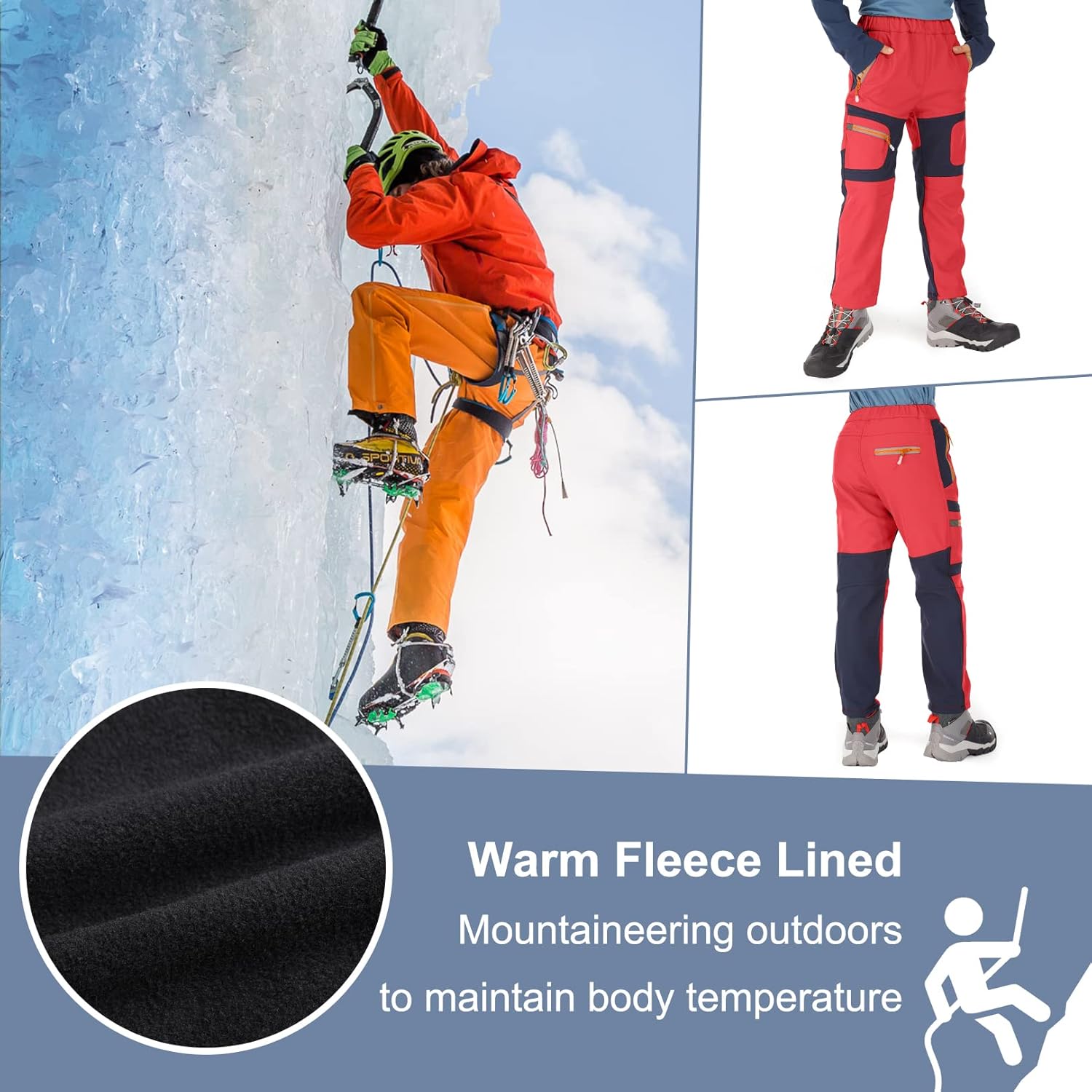 linlon Kids Boy's Snow Waterproof Pants Youth Fleece Lind Hiking Softshell Warm Insulated Trousers - Image 6