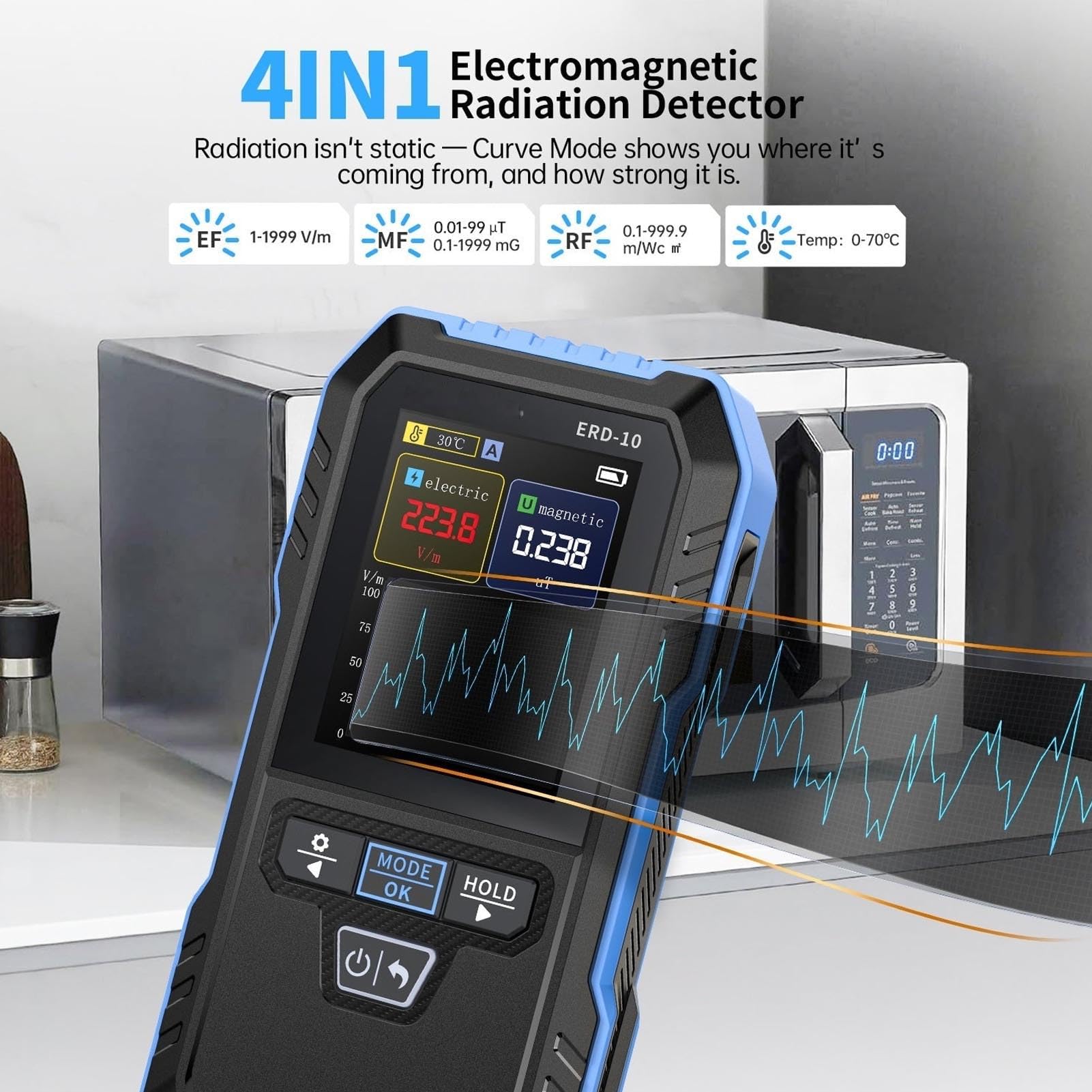 Garsent Détecteur EMF, 4 en 1 Radiation METTER avec Mode Courbe, Détecteur de Rayonnement Rechargeable, Compteur EMF Portable Portable avec Plusieurs Façons D'investir pour une