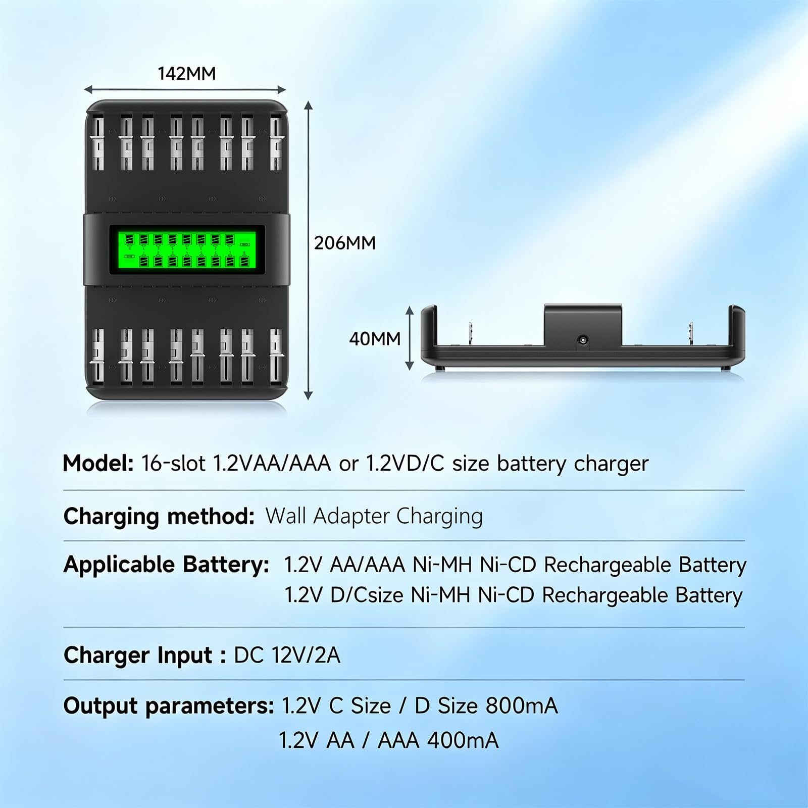 Palo Cargador de batería Inteligente de 12 bahías, AA,AAA,Ni-MH,Ni-CD Cargador de baterías Recargables con Pantalla LCD Inteligente y Descarga y protección IC integrada