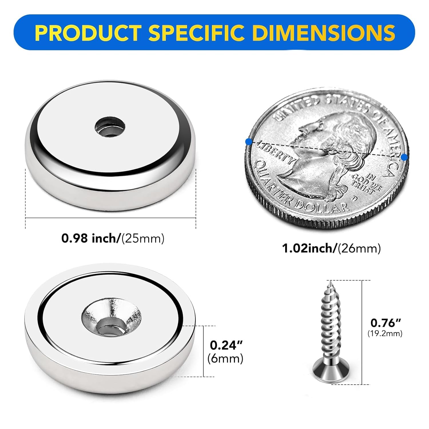 DIYMAG Neodymium Round Base Cup Magnet, Strong Rare Earth Magnetic with Heavy Duty Countersunk Hole and Stainless Screws for Refrigerator Magnets,Lights,Office,Craft,0.98 Inch-Pack of 24