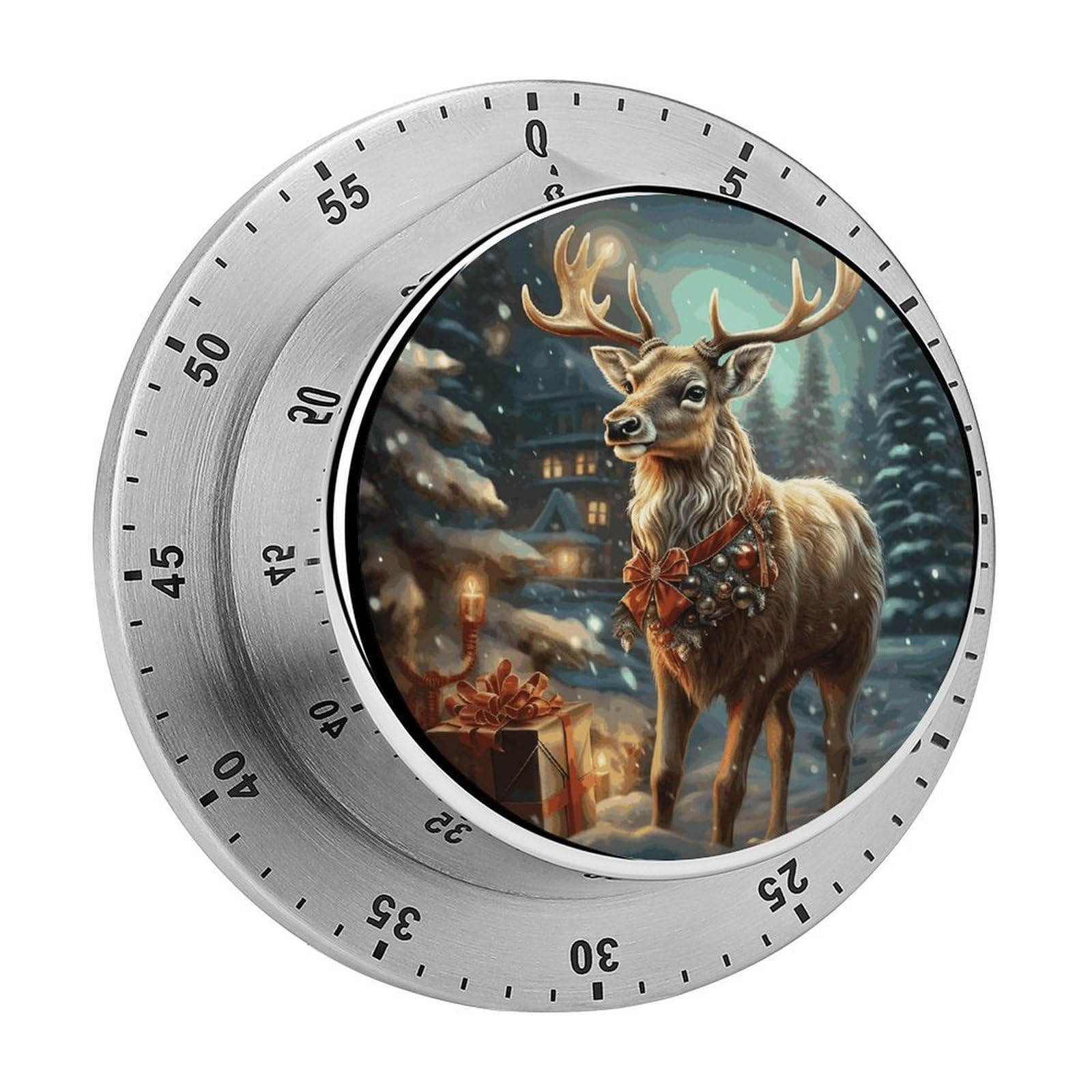 Mechanical Kitchen Timer with Magnetic Back, Stainless Steel Manual Reindeer Printed Timer for Cooking and Time Management