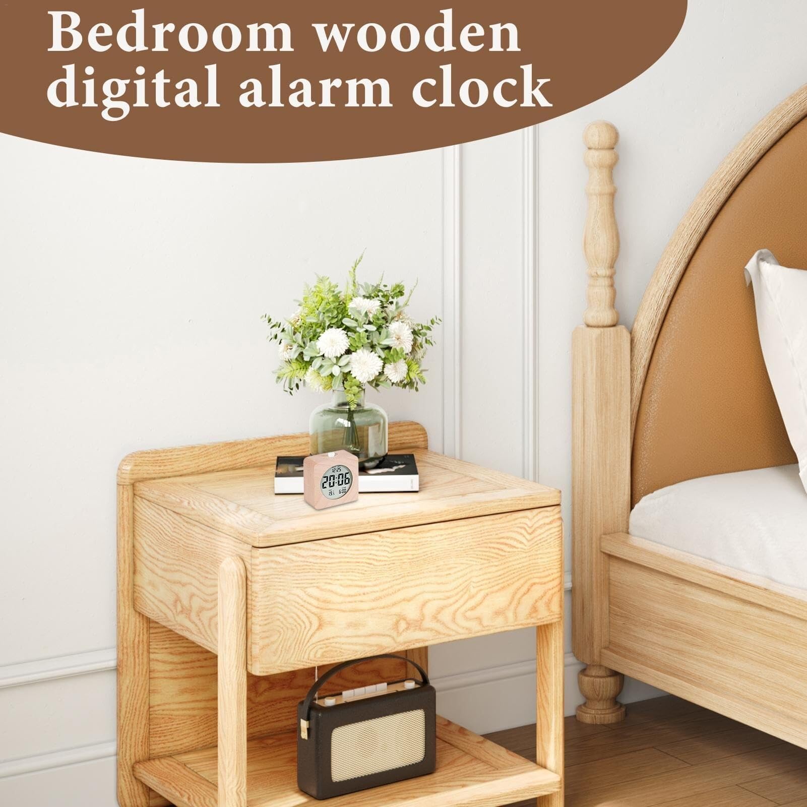 Digitaler Nachttischwecker aus Holz, tragbarer Kleiner Tischwecker mit Nachtlicht for Büro und Reisen