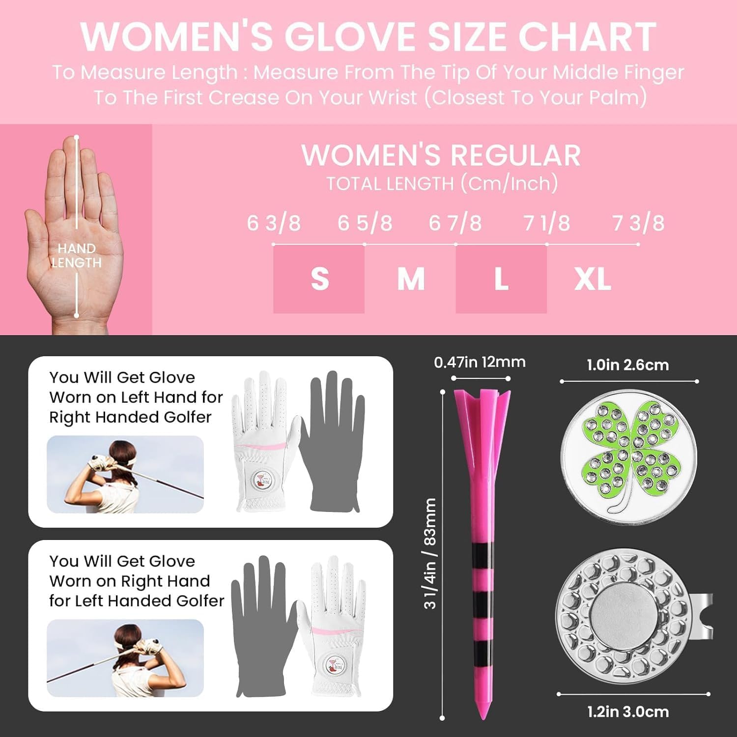 Amy Sport Womens Golf Glove 1 Pack with 2 Ball Marker & 1 Hat Clip & 10 Plastic Tees, Microfiber & Leather All Weather Grip Glove for Left or Right Hand, Soft Comfortable Ladies Gloves - Image 6