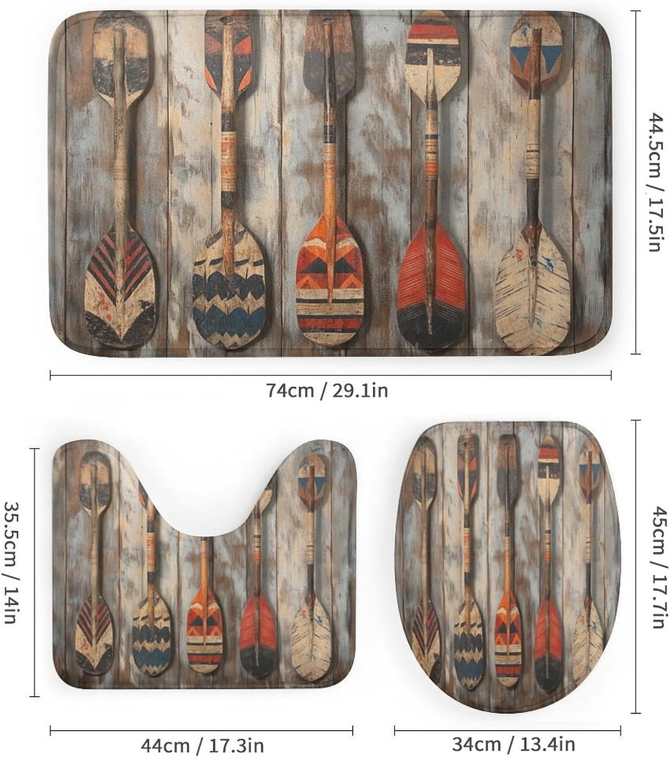 4Pcs Retro Boat Oar Shower Curtain Sets with Rugs, Toilet Lid Cover and Bath Mat, Wooden Old Board Bathroom Shower Curtains Set with 12 Hooks