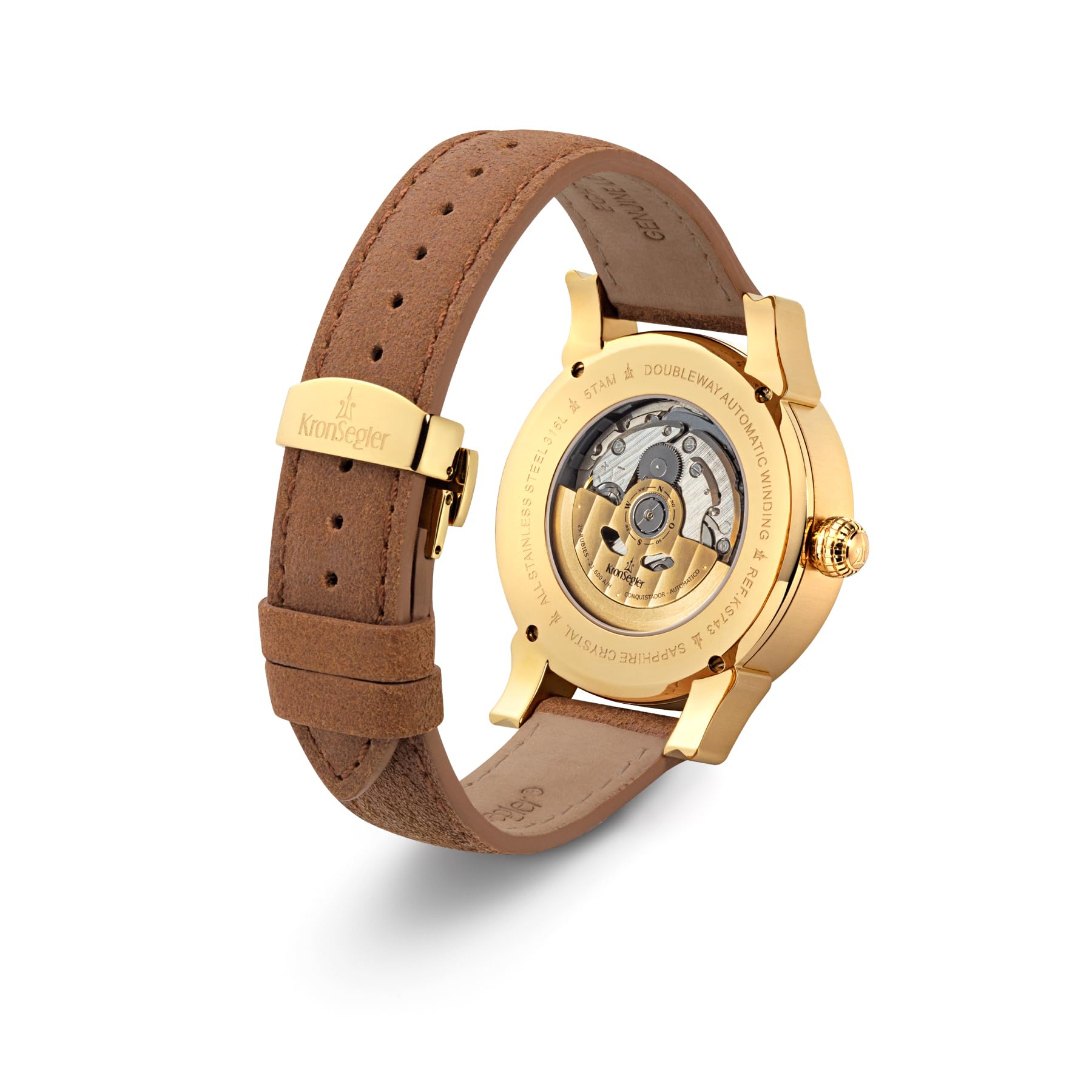 Kronsegler Conquistador Gold - Tierra braun | Automatik Herrenuhr mit Gangreserveanzeige | Saphirglas, Zeigerdatum, Lederband, Faltschließe