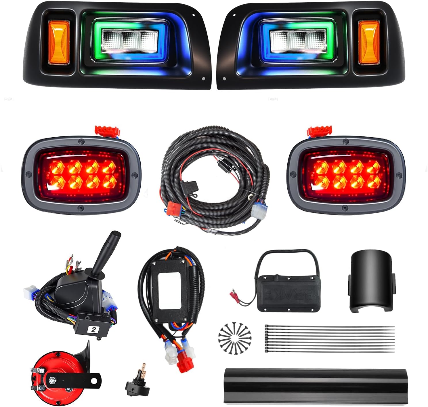 RGB LED Headlight & Turn Signal Kit for Club Car DS 1993-up, 12V Golf Cart Street Legal Light Kit with Brake Lights, Horn, Music Sync APP Control, Long-Lasting & Easy Install