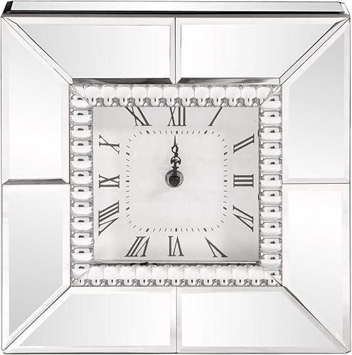 Howard Elliott Collection Reloj de mesa con acabado de espejo con borde de vidrio con cuentas, reloj de espejo plateado decorativo para oficina,