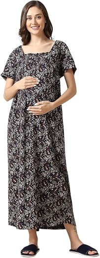 MomToBe Women's Cotton Blend Maxi Pregnancy Night Gown/A-Line Nursing Nighty with Zippers for Nursing Pre and Post Pregnan...