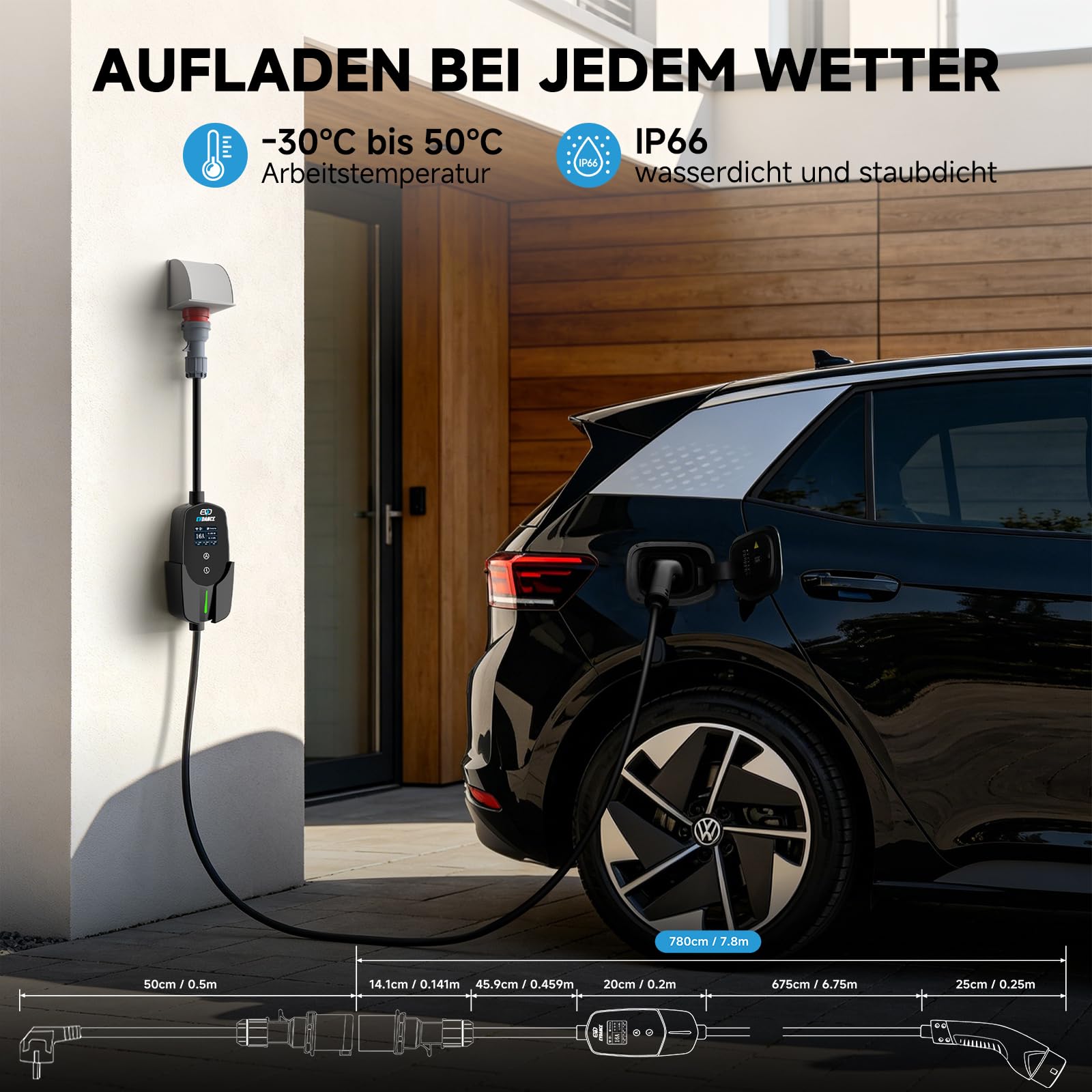 EVDANCE Mobile Wallbox 11kW mit App, 400V (6-16A) 3 phasig 7,8M Mobile Ladestation CEE Typ 2 Ladekabel IP66 mit Einstellbarer Ladeleistung, EV-Charger für Elektroauto & Hybrid(PHEV/EV)