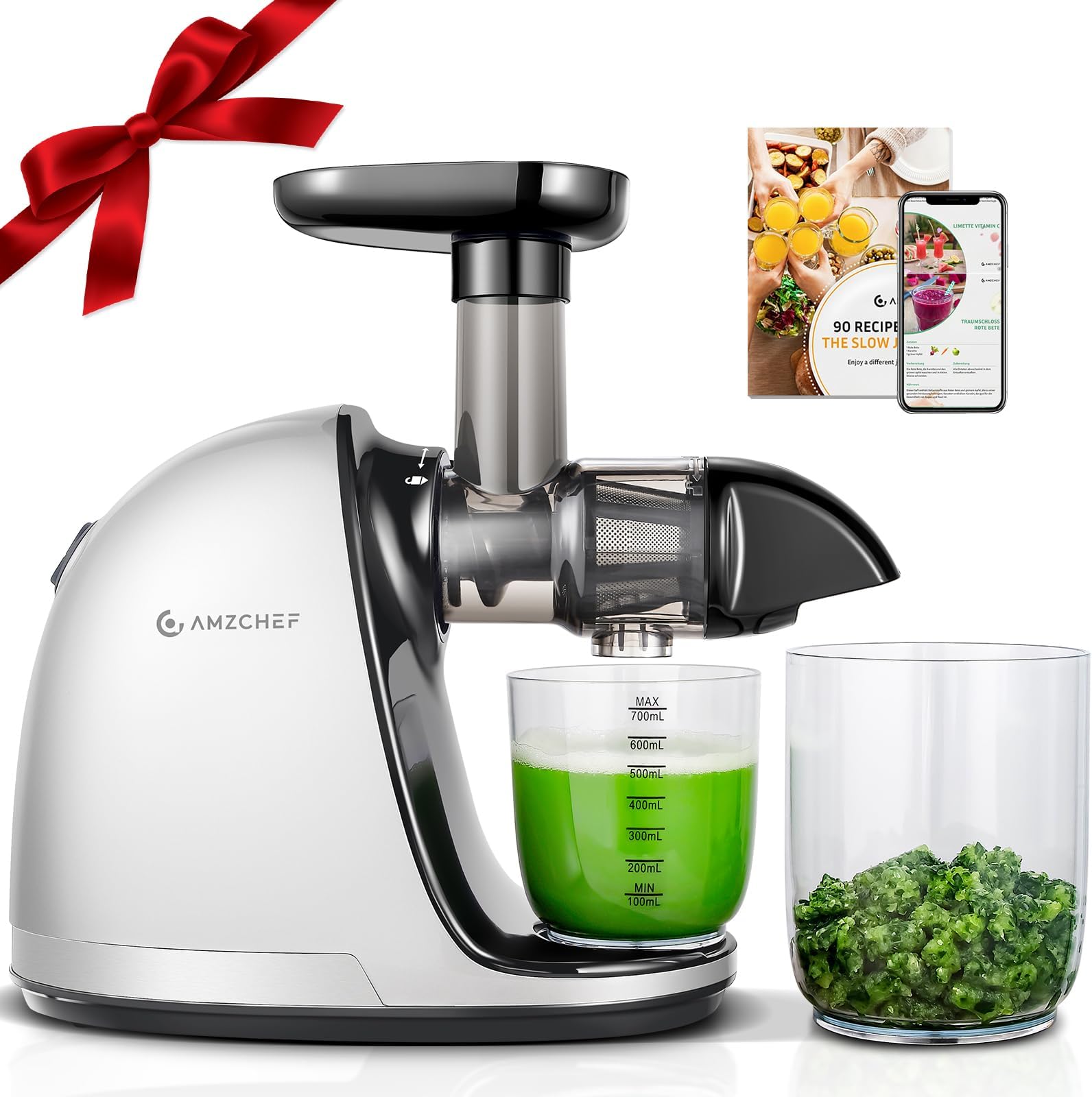 Cold PressJuicer,AMZCHEF Slow Masticating Juicer Machines with Reverse Function, High Juice Yield, Easy Clean with Brush,Recipes for High Nutrient Fruits and Vegetables, White(Updated)