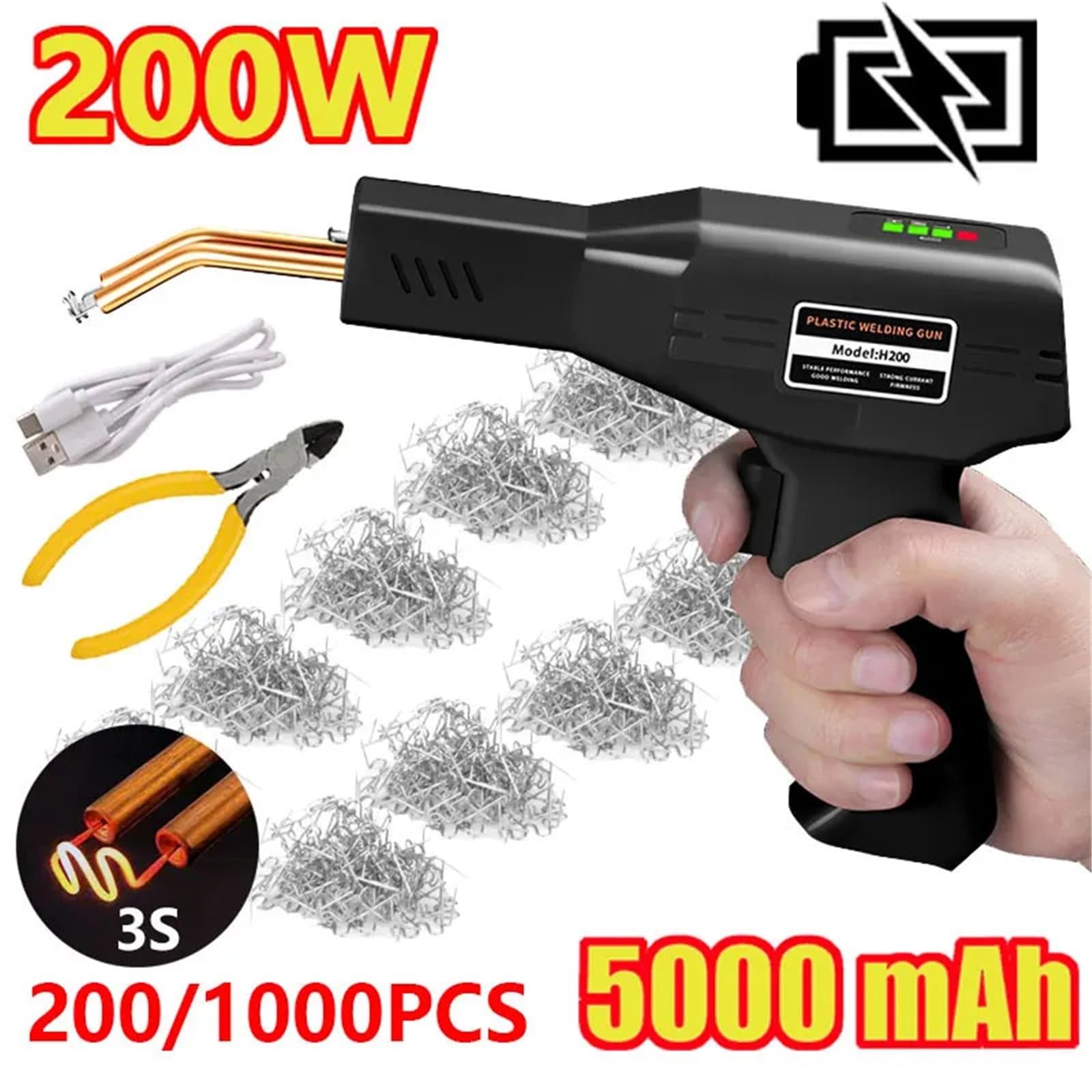 Zestaw lutowania 200W bezprzewodowa spawarka do plastiku, szybkie ładowanie na gorąco przez USB, przenośny zestaw do naprawy zderzaków samochodowych(1000Pcs-Black)
