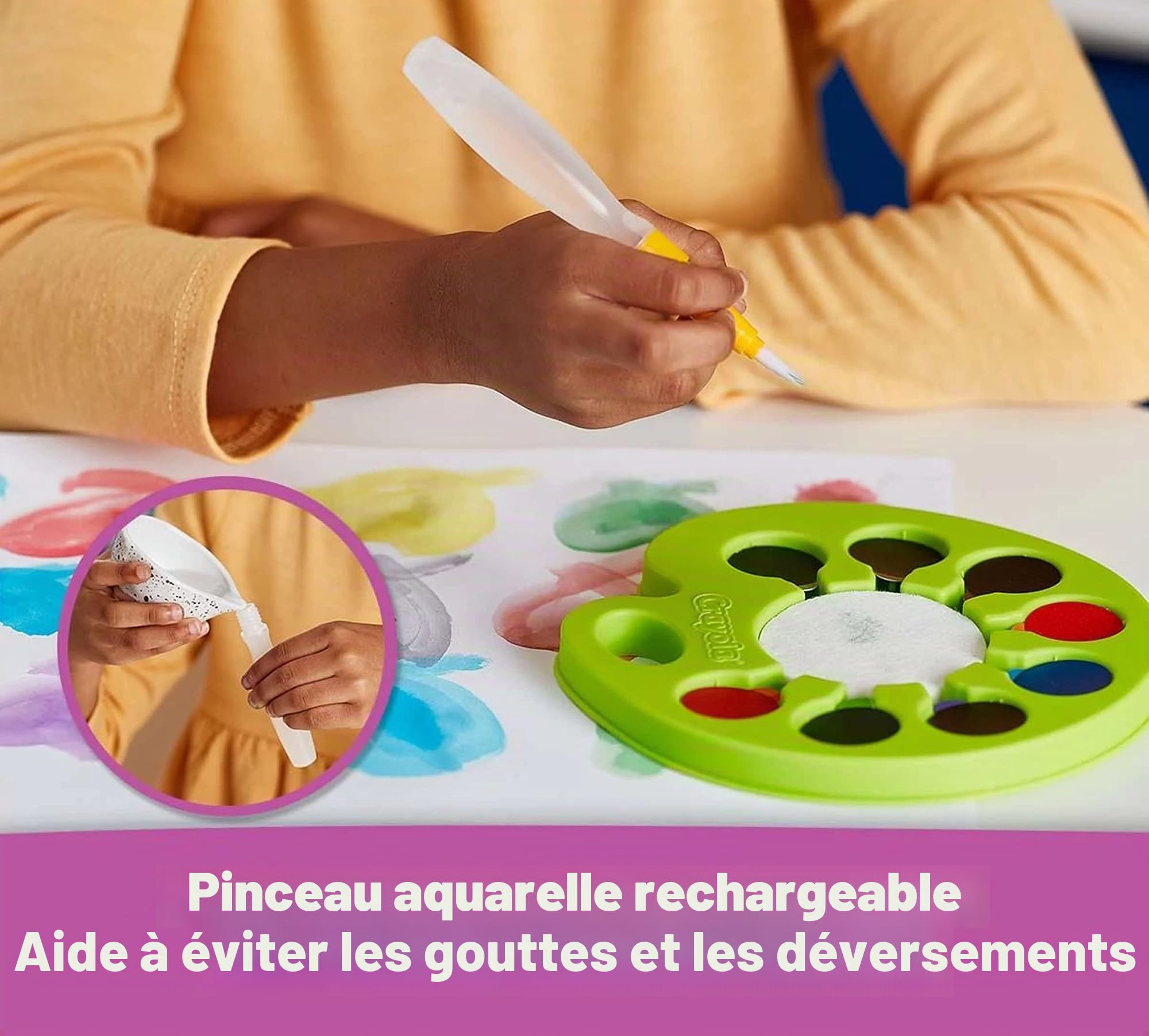 CRAYOLA Palette de peinture lavable POP & Paint | Comprend 96 puces de couleur jetables et un pinceau à eau rechargeable pour moins de désordre | Ensemble de peinture aquarelle pour enfants à partir