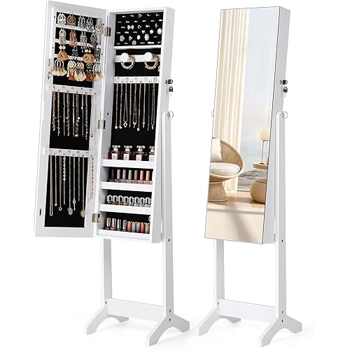 Nicetree Jewelry Cabinet with Full-Length Mirror, Standing Lockable Jewelry Armoire Mirror Organizer, 3 Angel Adjustable, Christmas Gifts, White