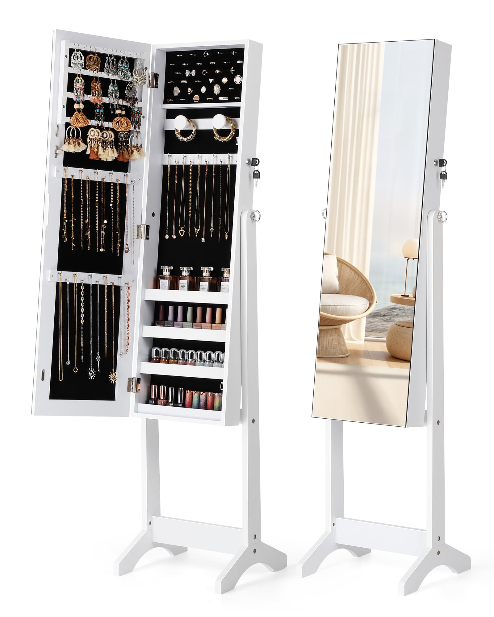 Nicetree Jewelry Cabinet Armoire, Freestanding Jewelry Armoire Organizer with Full-Length Mirror, Lockable Jewelry Storage Cabinet, Frameless Mirror, 3 Adjustable Angles, Moon White