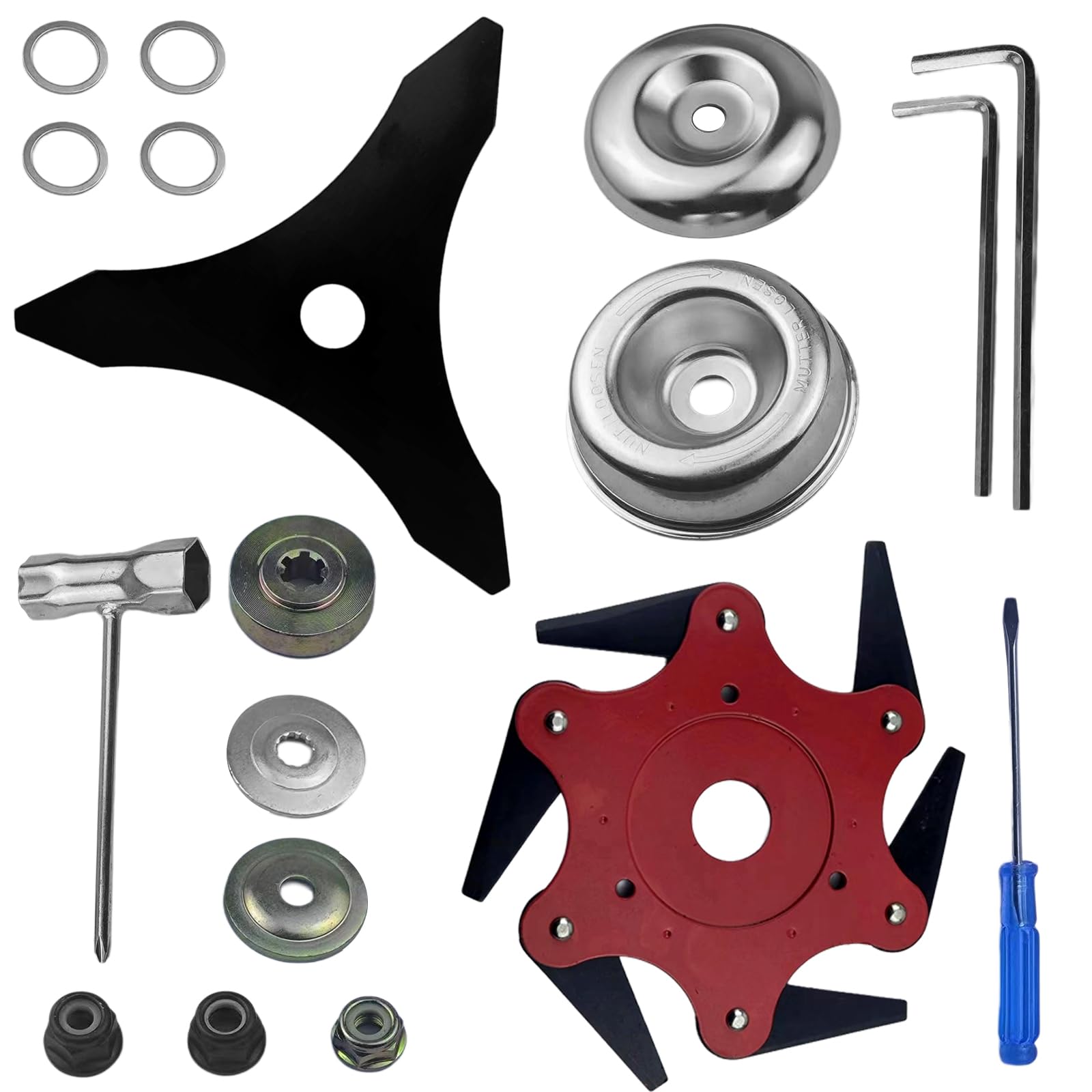 Steel Trimmer Head 3 Teeth Brush Cutter Blade & 6 Steel 65Mn Razors Trimmer Head, Universal Weed Eater Blades Metal with Universal Adapter Kit, Compatible with String Trimmers