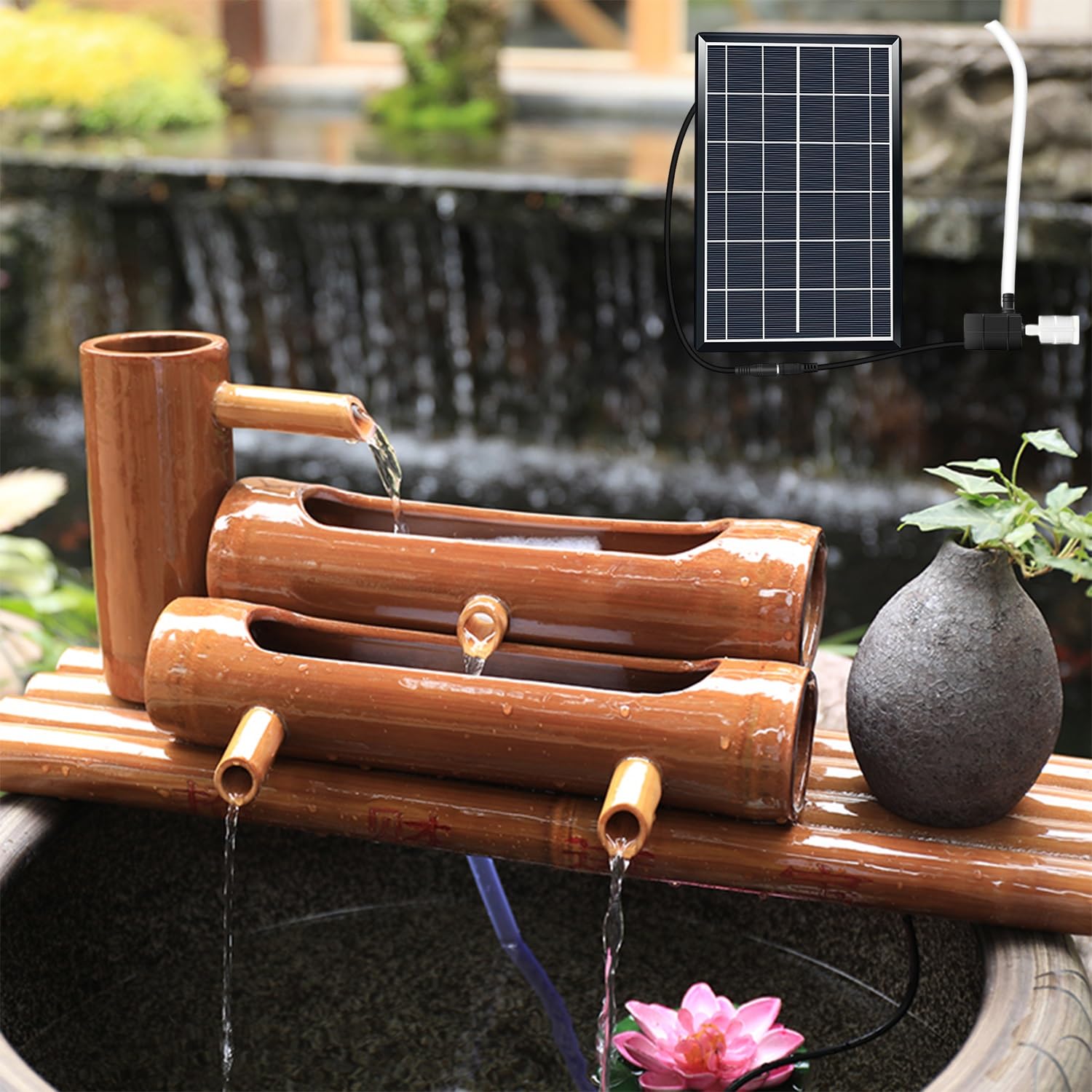 Fontana Solare in bambù con Pompa, Fontana Decorativa da Giardino, bambù Naturale, Design a gradini, Pannello Solare da 6 W, per Giardino e Patio, 50 cm