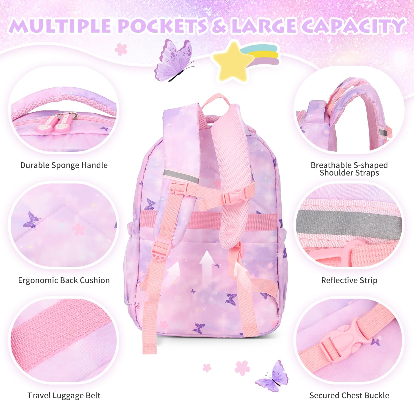 Schulrucksack Mädchen, 43x35x17cm Rucksack Mädchen, Rucksack Kinder Mädchen, Große Kapazität Schulranzen mit Brustschnalle für Kinder 5-10 Jahre Alt