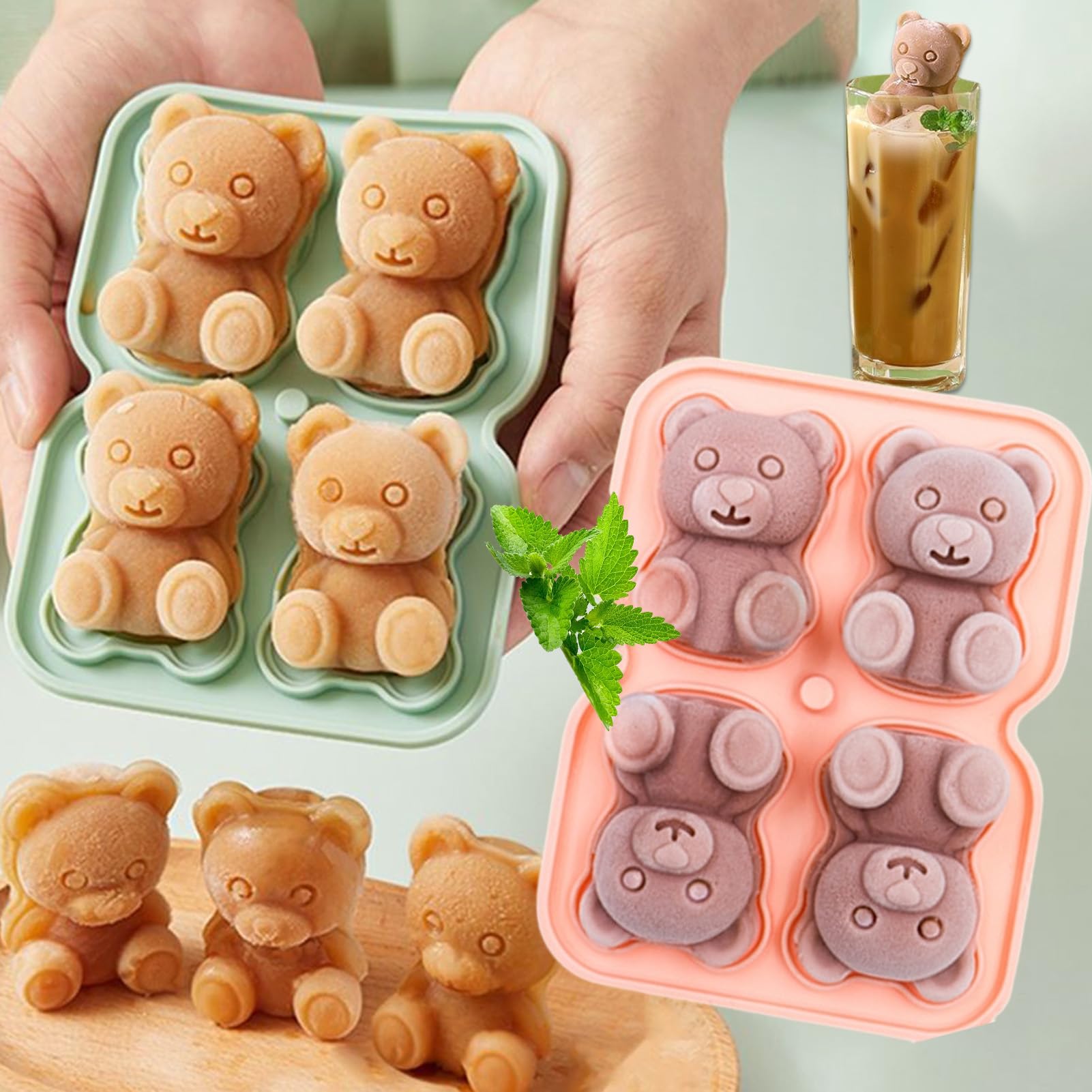 VAODO 2 Pack Ice Cube Trays, Food Grade Silicone Bear Shape Ice Cube Make, for Hockey, Cocktail, Coffee, Whiskey, Champagne, Beer, Juice Green+Pink Set 2