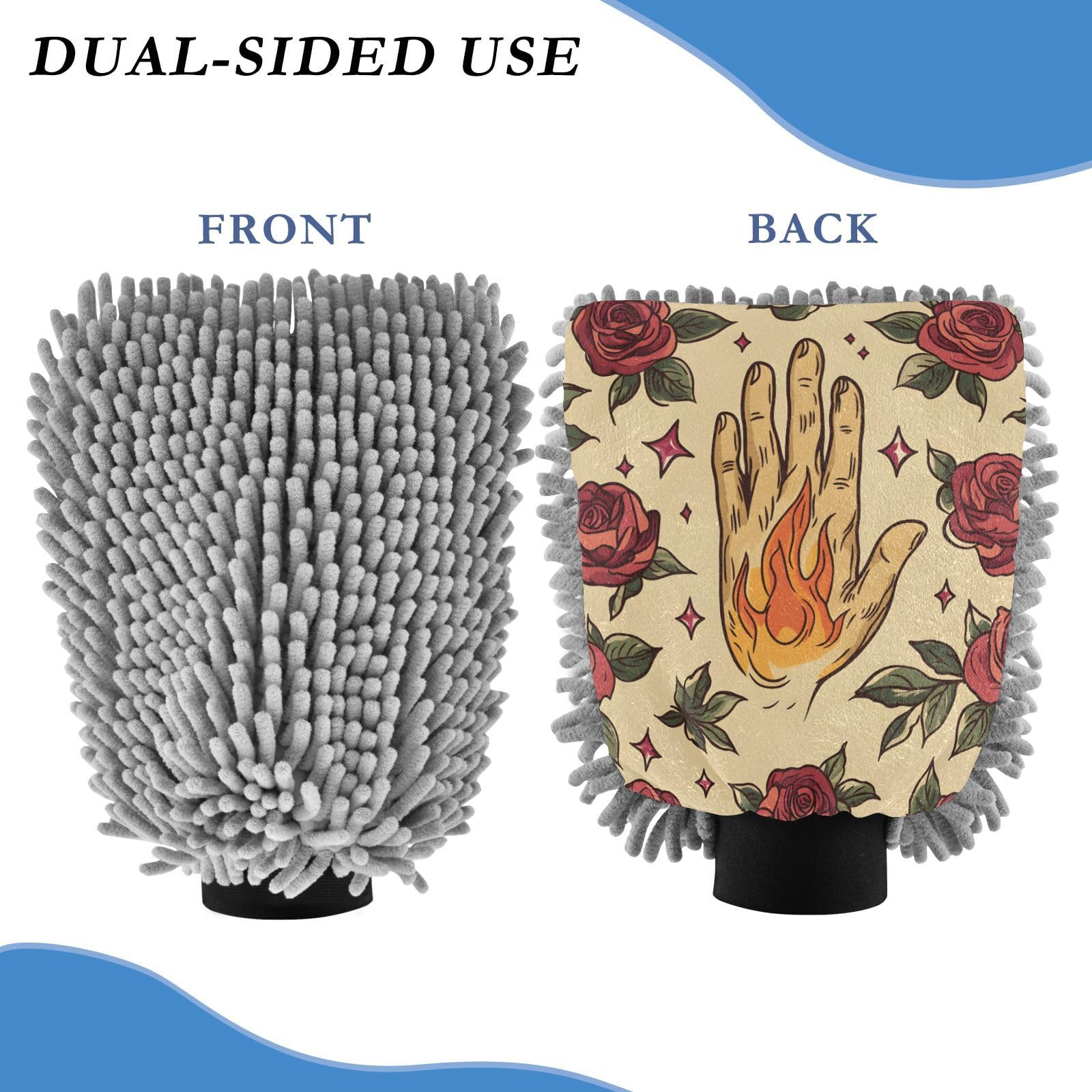 STAYTOP Hand with Fire Tattoo Car Wash Mitt Microfiber, 2Pcs Scratch Free Lint-Free, Premium Chenille Microfiber Mitt Car Wash Brush-M