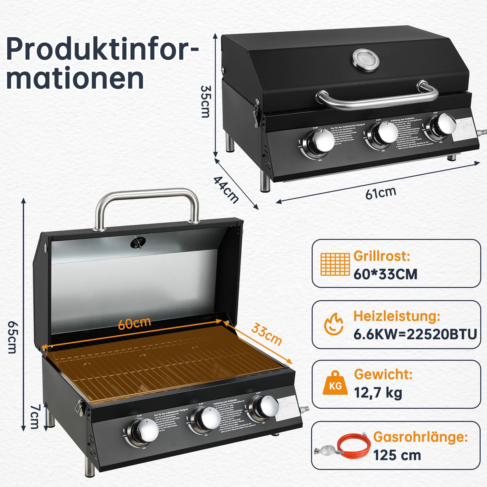 TLSUNNY 3 Brenner Gasgrill Klein, Kompakt Tischgasgrill mit Emaillierter Grillrost, Thermometer, Camping Gasgrill Tragbarer für BBQ, Balkon, Garten, 6.6kW, 60 x 33 cm Grillfläche, 4PCS Füße, Schwarz