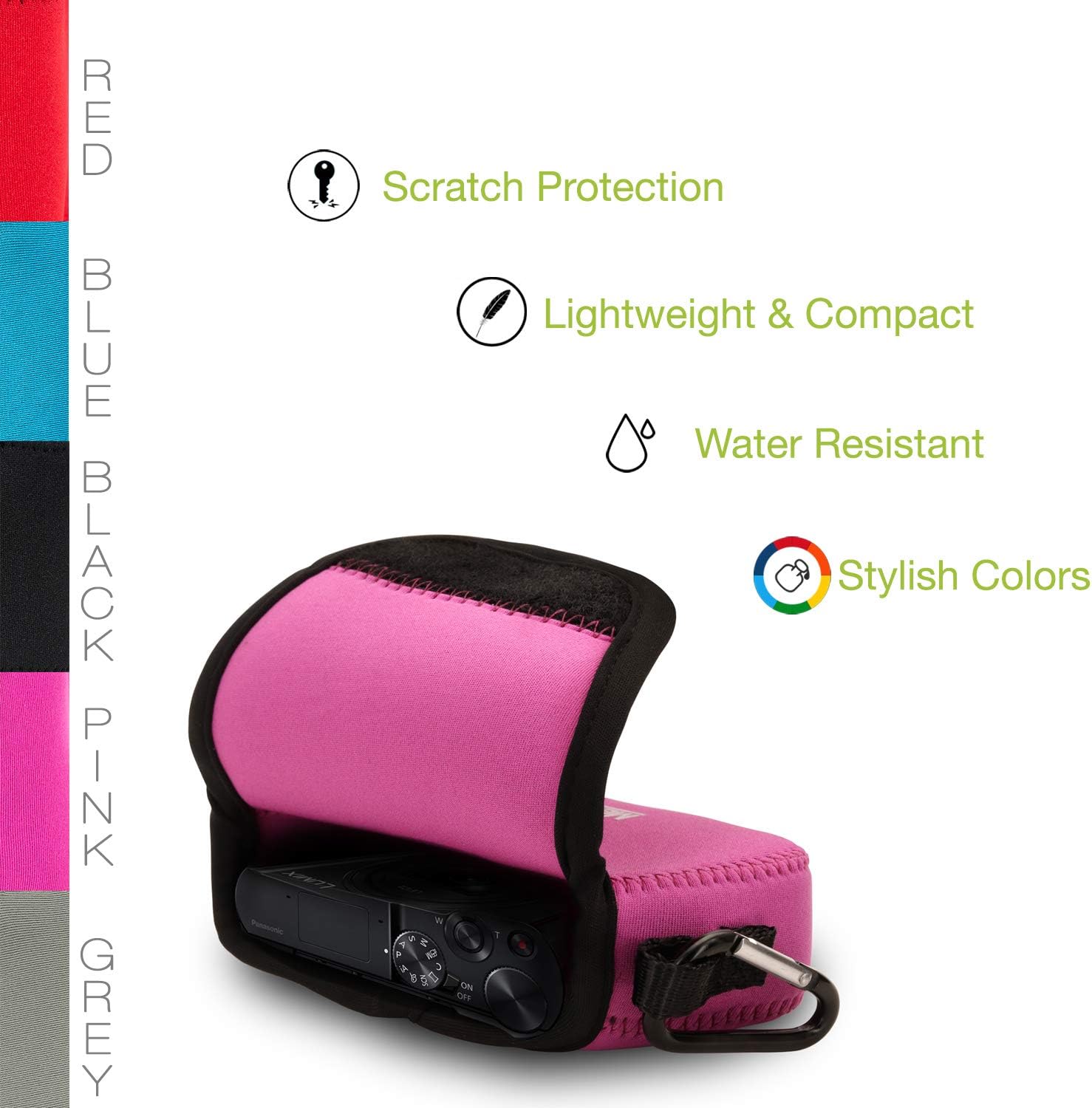 MegaGear Panasonic Lumix DC-ZS200, TZ200, Leica C-Lux Ultra Light Neoprene Camera Case, with Carabiner – Hot Pink image 5