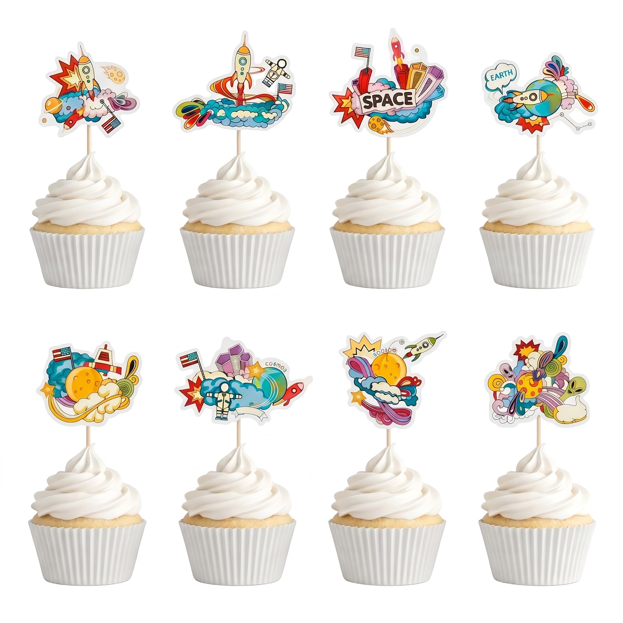 Arthsdite 24 Pcs Graffiti Space Cupcake Toppers Colorful Rocket Astronaut Cupcake Picks for Kids Outer Space Birthday Party Decorations โ image 1