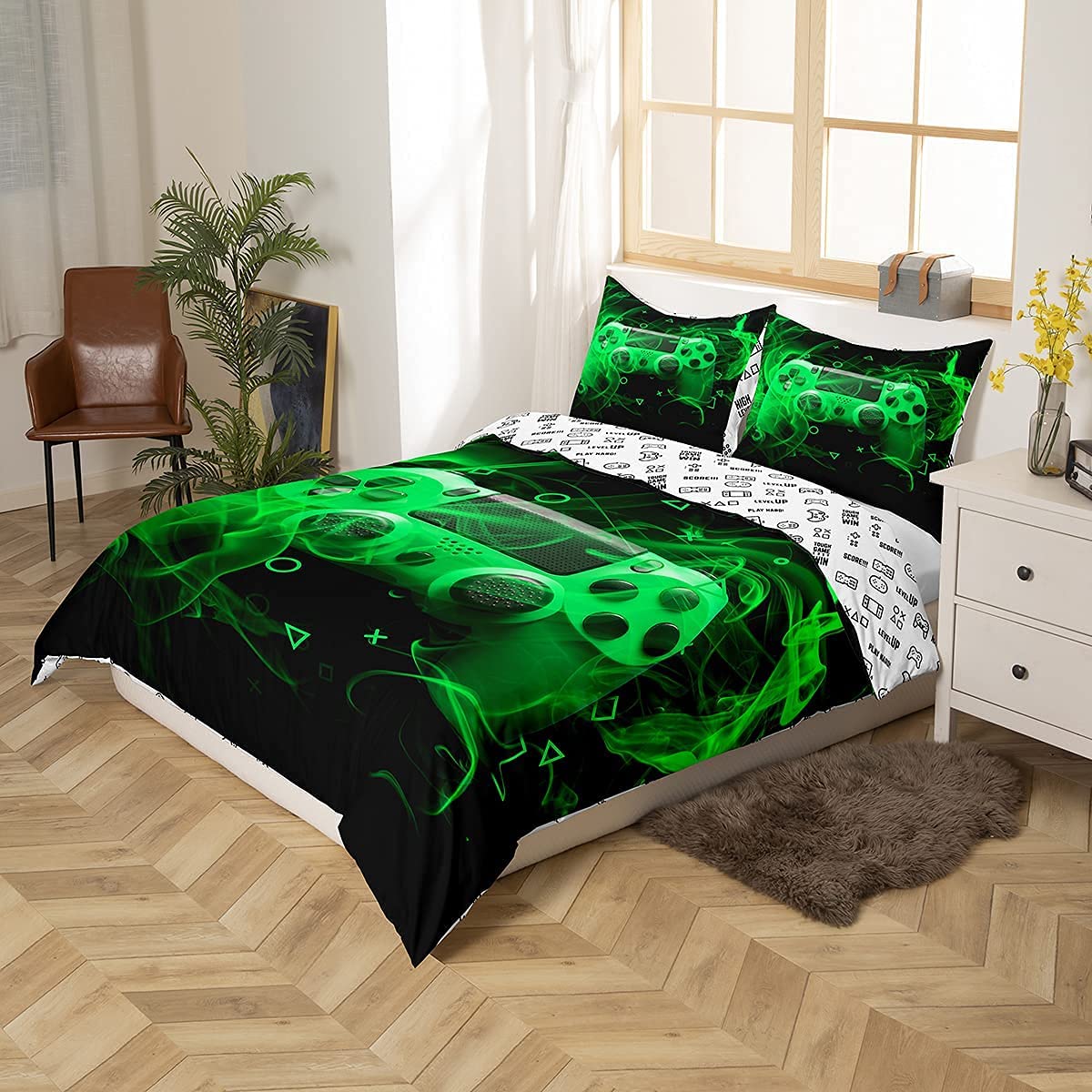 Homemissing Youth Gaming Bedding Set Kids Gamer Duvet Cover for Boys Girls Game Controller Bedding & Linen Modern Games Console Action Buttons King Size Green Black - Image 2