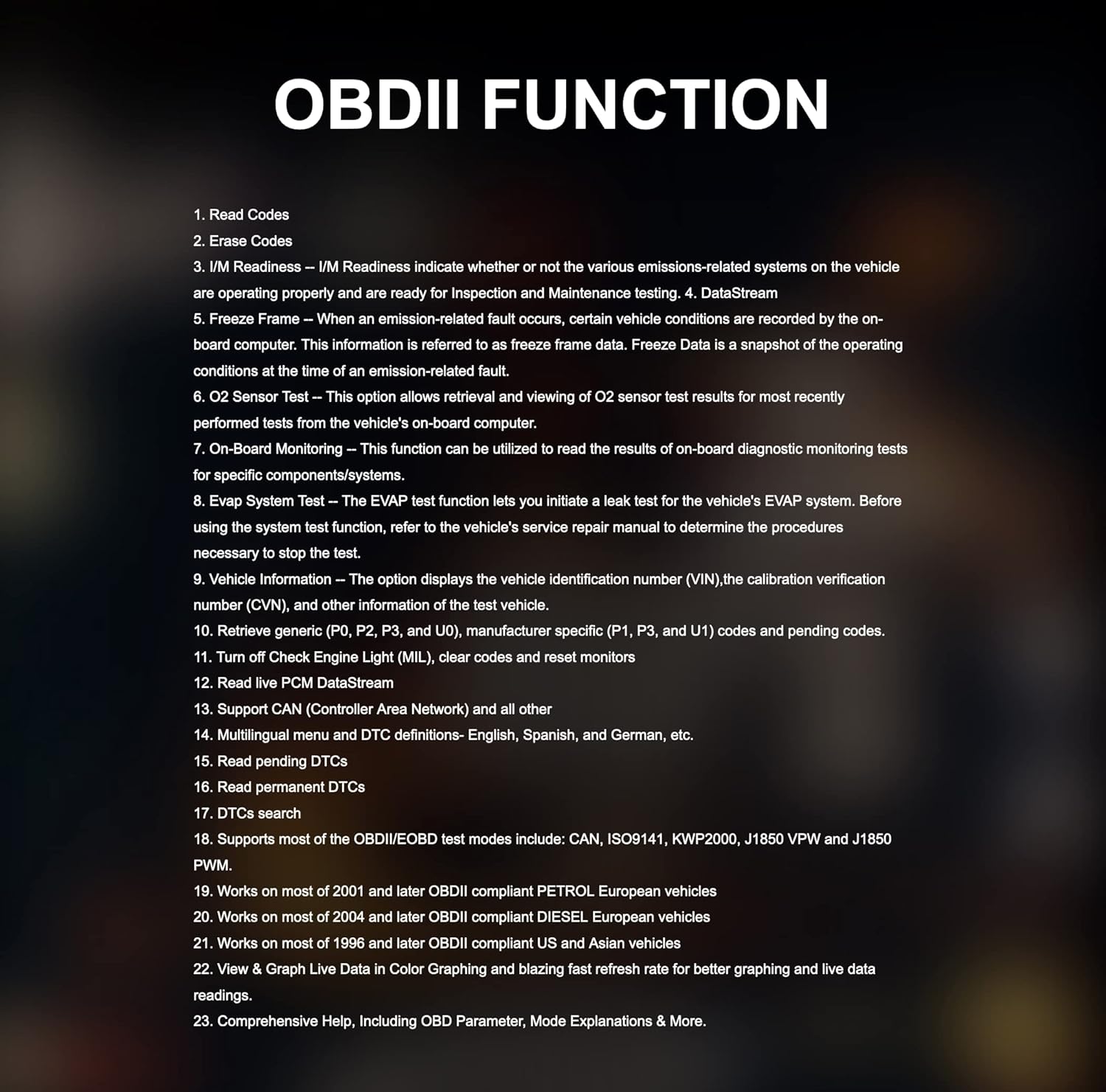 List of OBDII functions supported by the iCarsoft CR Max