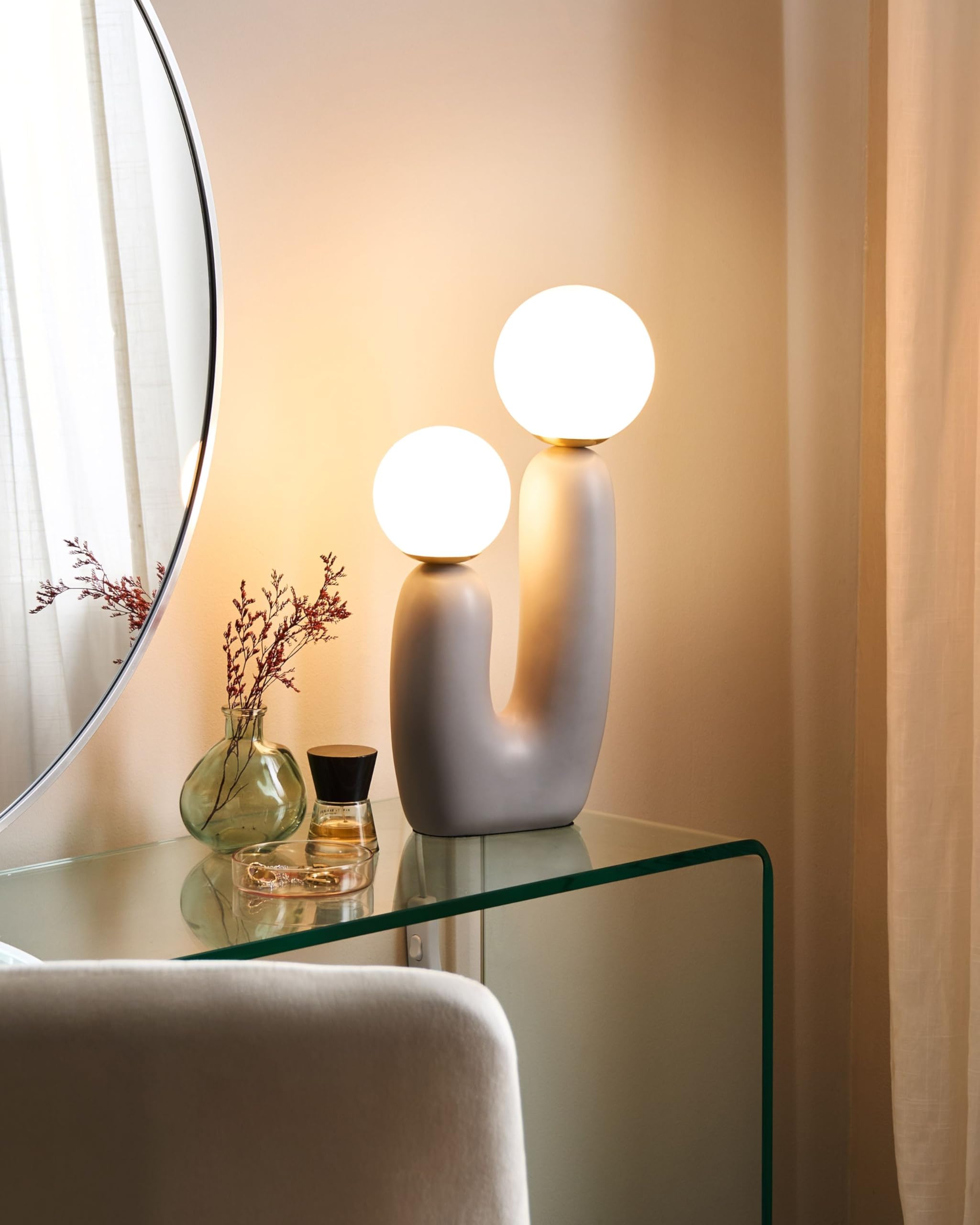 Tischlampe Harz grau mit Glasschirm 2-flammig 40 cm hoch modern Tulun